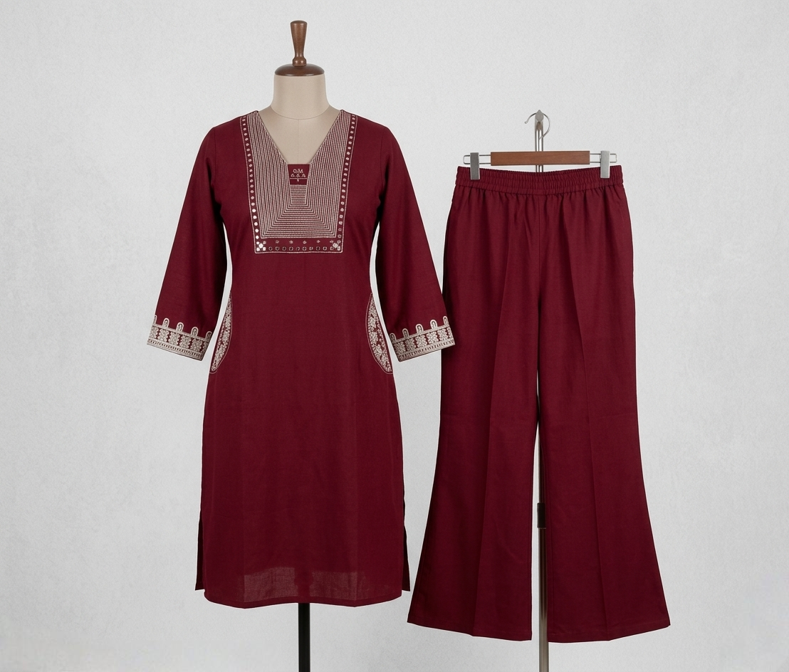 Maroon Embroidered A-Line Kurti with Palazzo Pants – 2 Piece Ethnic Set