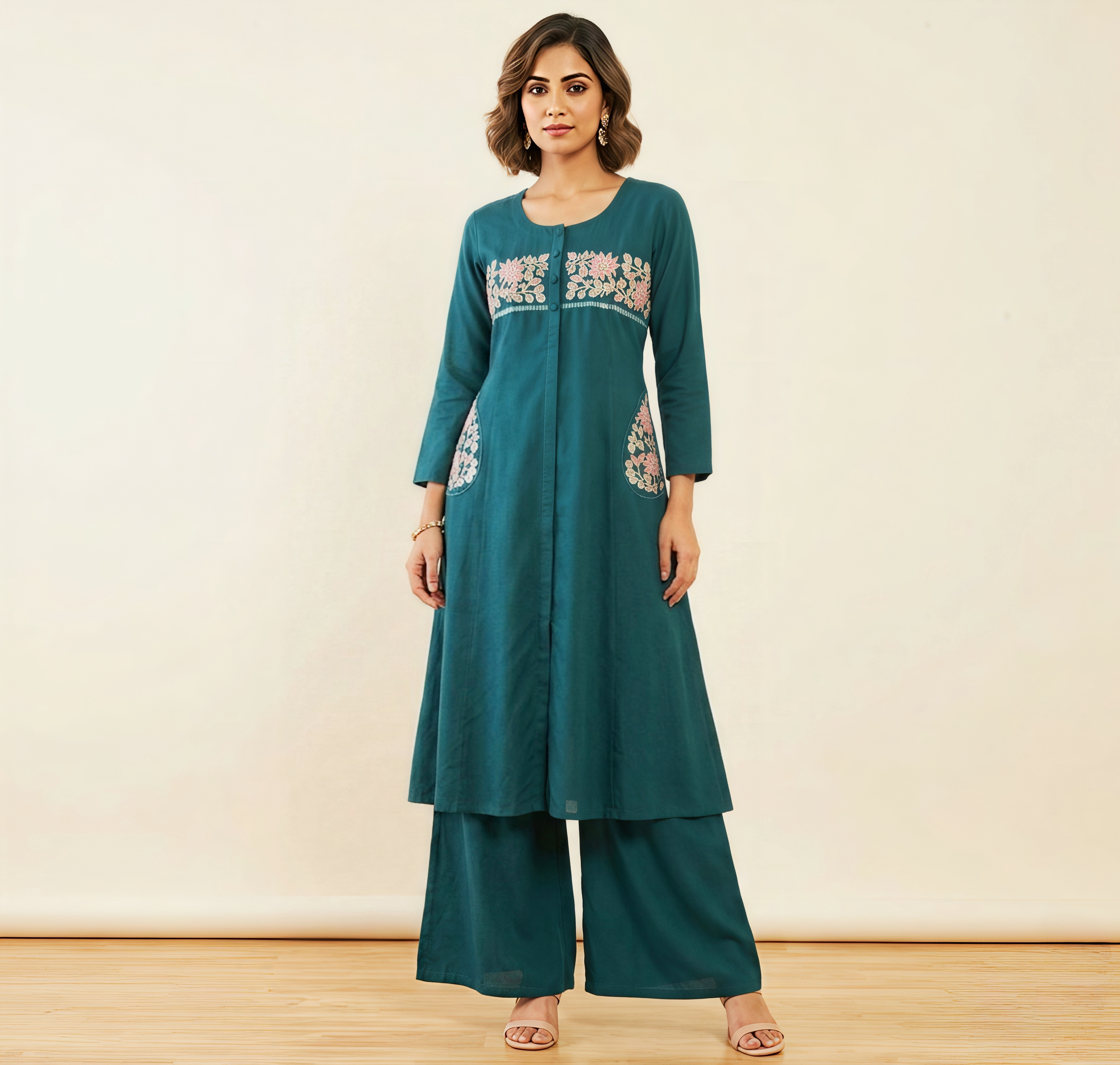 Stunning Bliss Teal Embroidered A-Line Kurti with Wide-Leg Palazzos