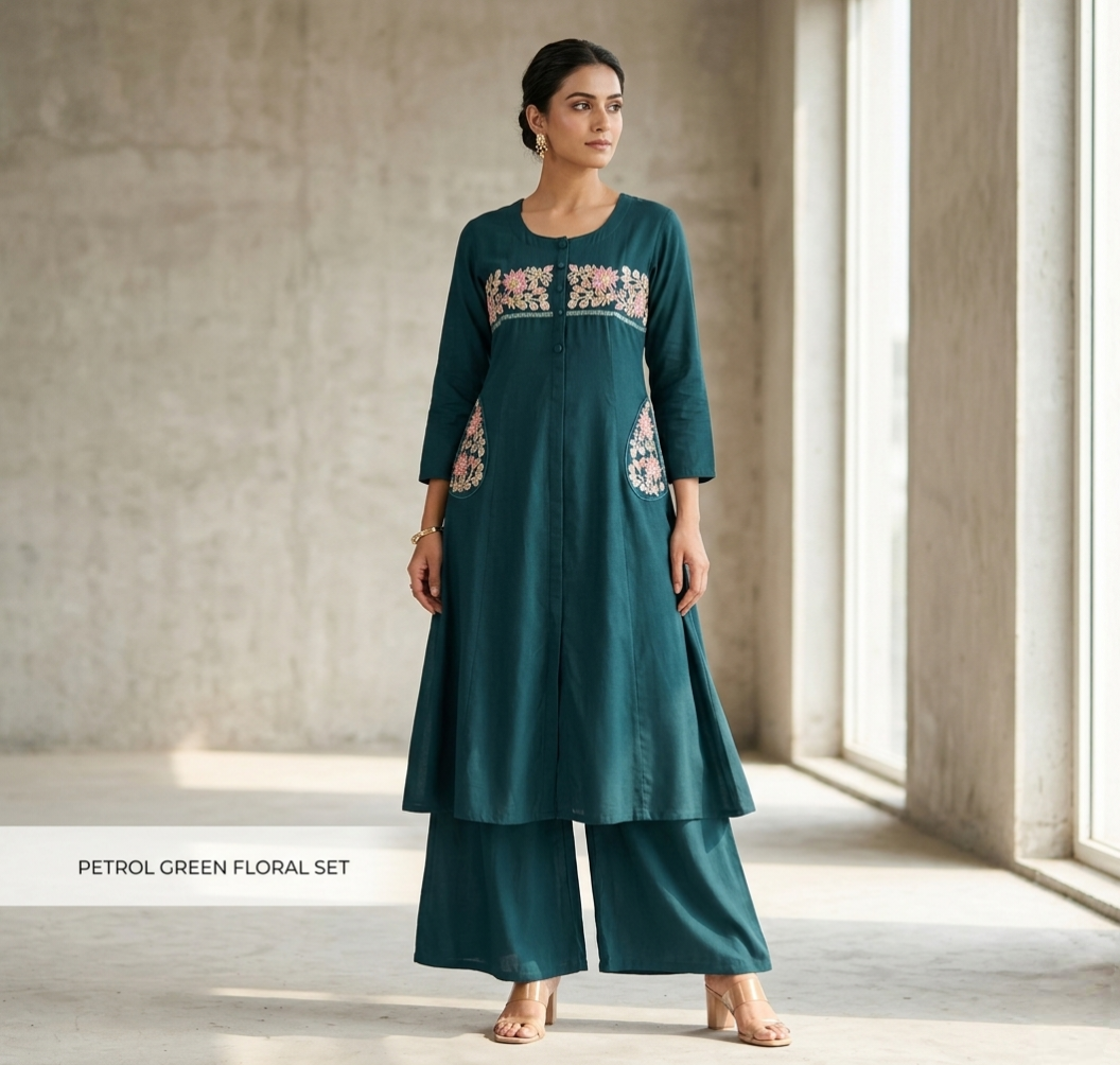 Stunning Bliss Teal Embroidered A-Line Kurti with Wide-Leg Palazzos