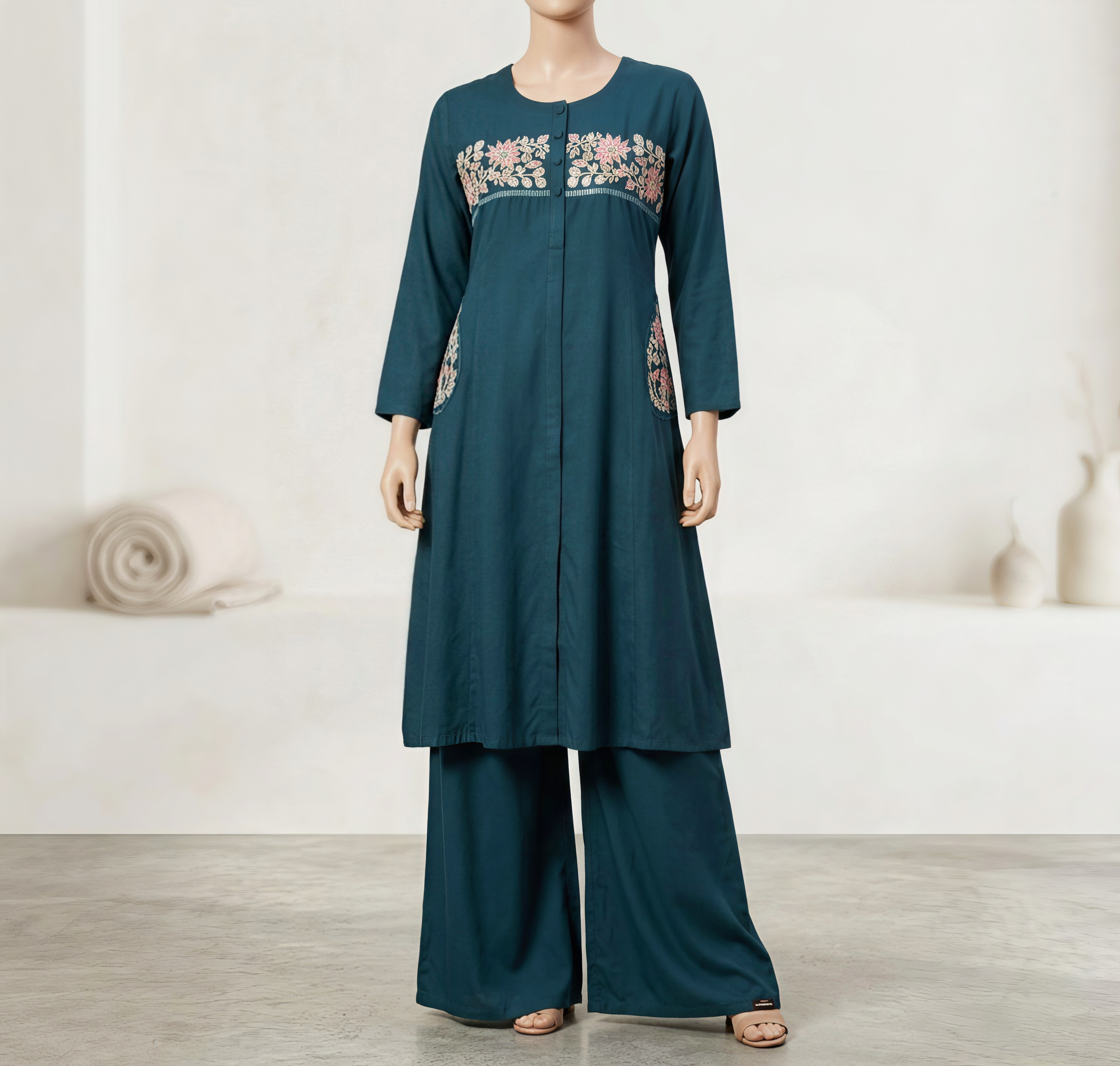Stunning Bliss Teal Embroidered A-Line Kurti with Wide-Leg Palazzos