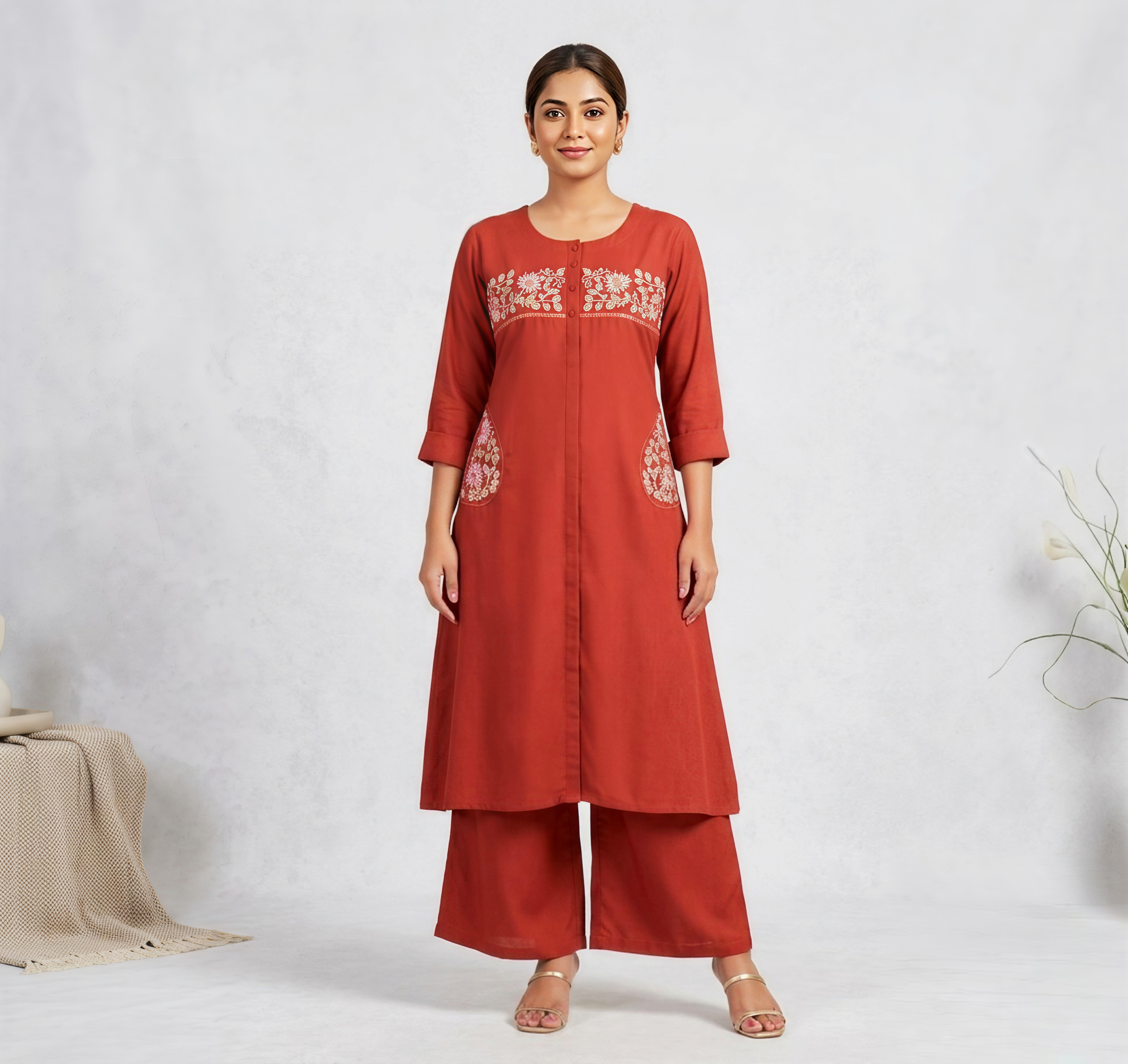 Rust Terracotta/fanta orange Embroidered A-Line Kurti with Palazzo Pant Set - 2 Piece