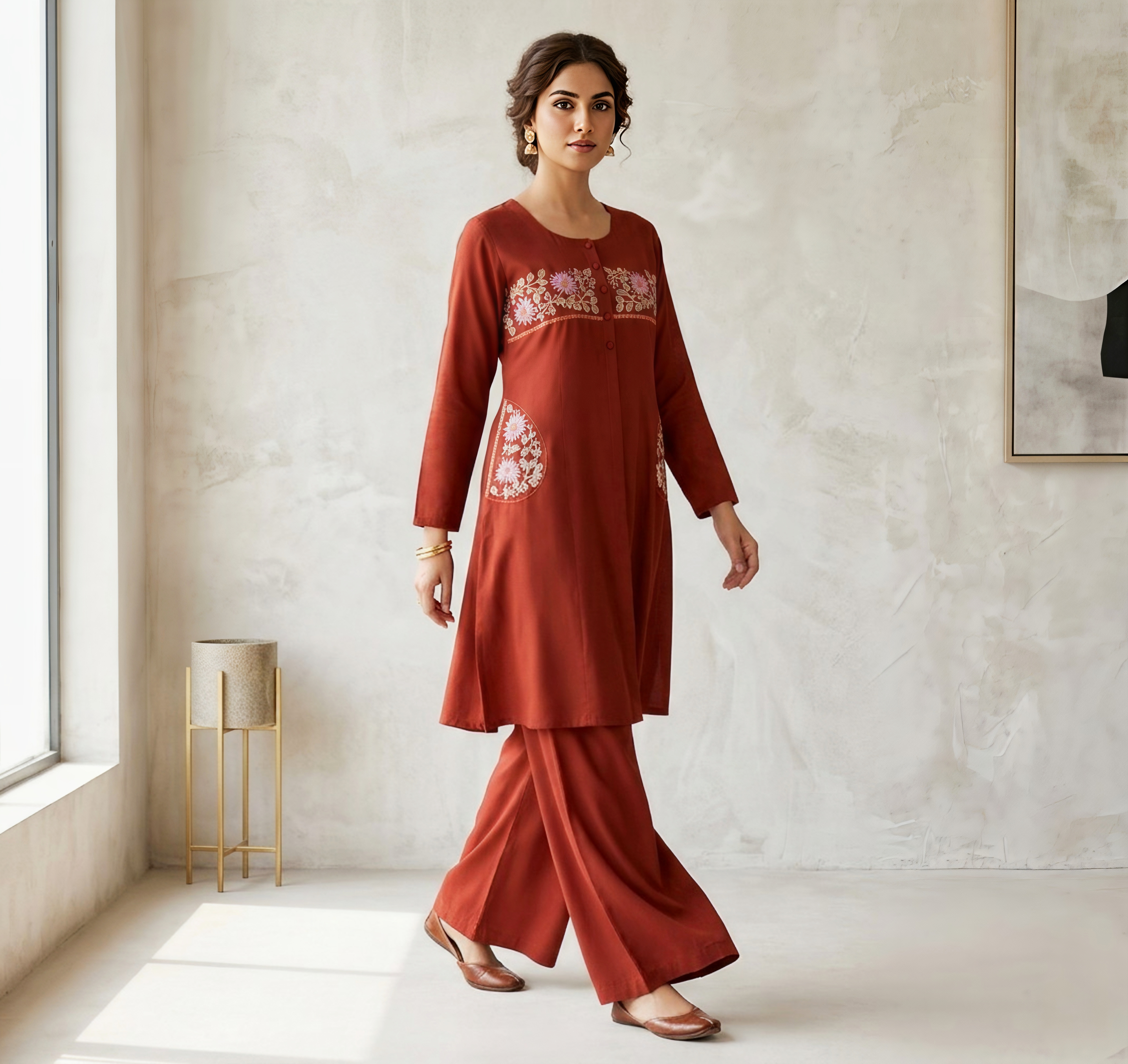 Rust Terracotta/fanta orange Embroidered A-Line Kurti with Palazzo Pant Set - 2 Piece