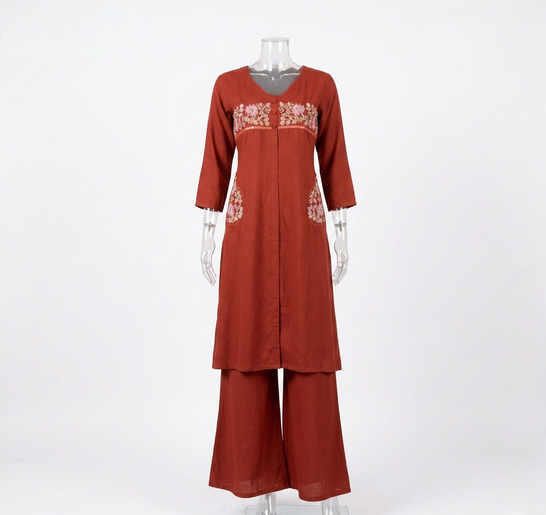 Rust Terracotta/fanta orange Embroidered A-Line Kurti with Palazzo Pant Set - 2 Piece
