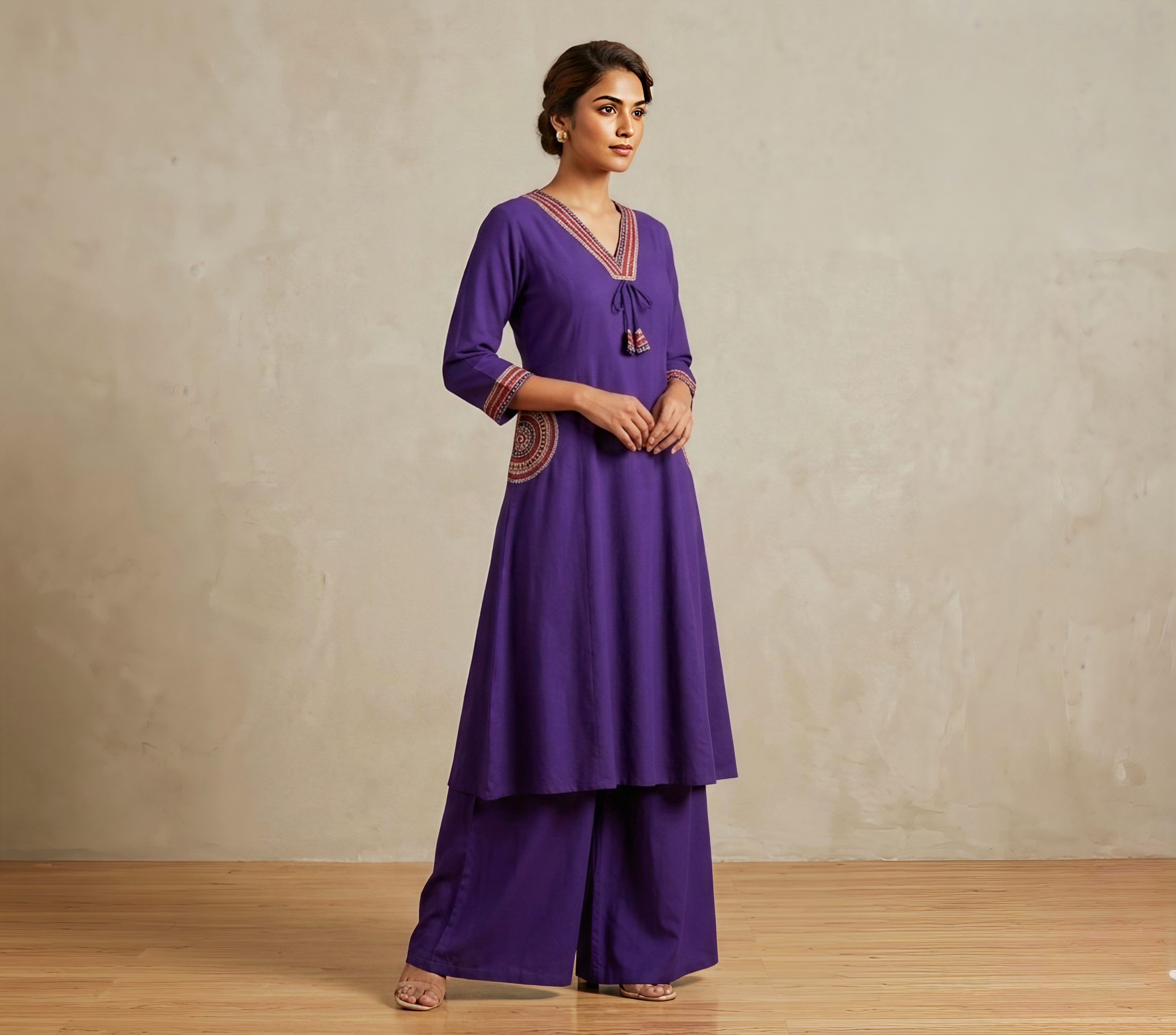 Royal Purple Embroidered A-Line Kurta with Wide-Leg Palazzo Set