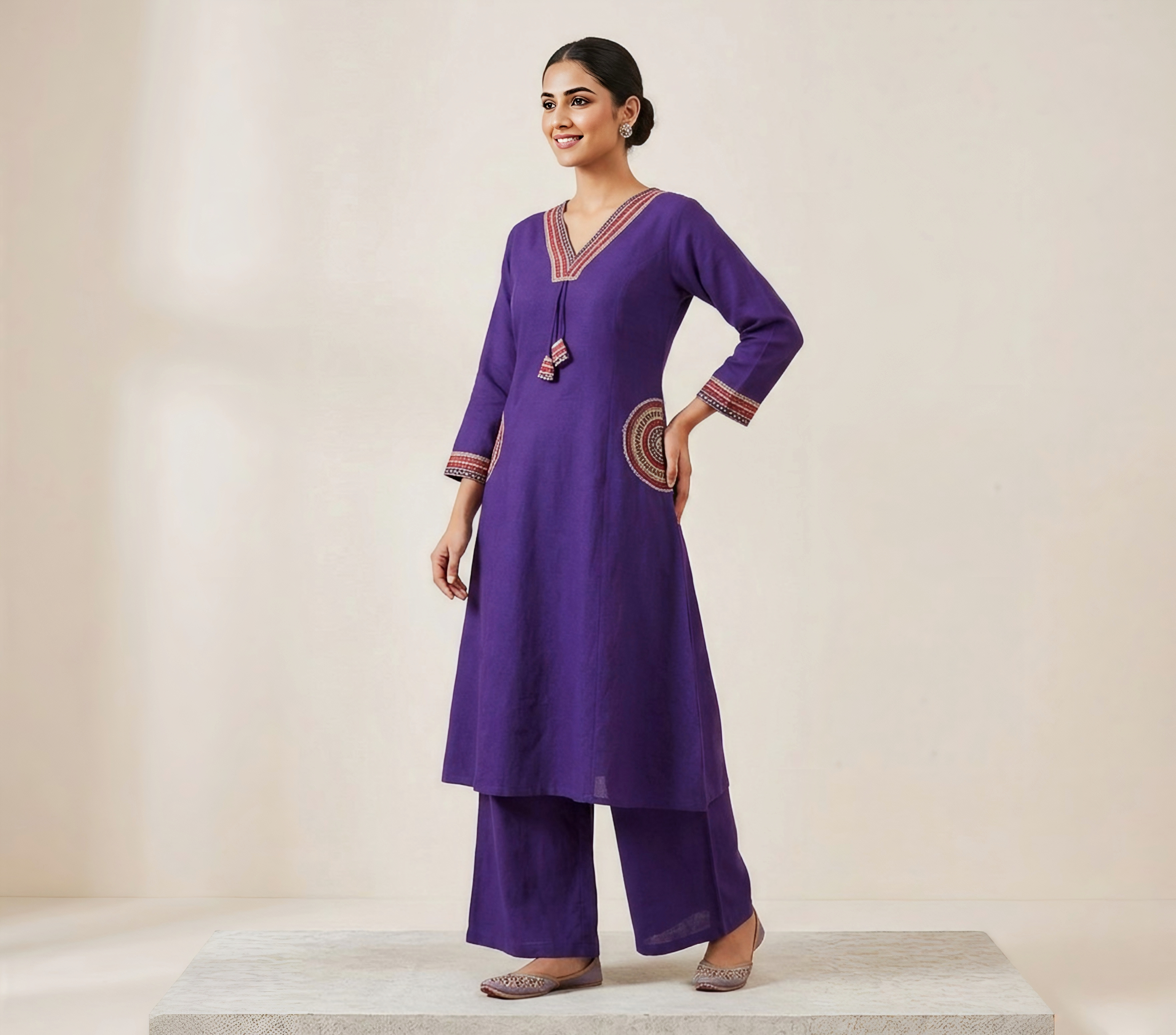 Royal Purple Embroidered A-Line Kurta with Wide-Leg Palazzo Set