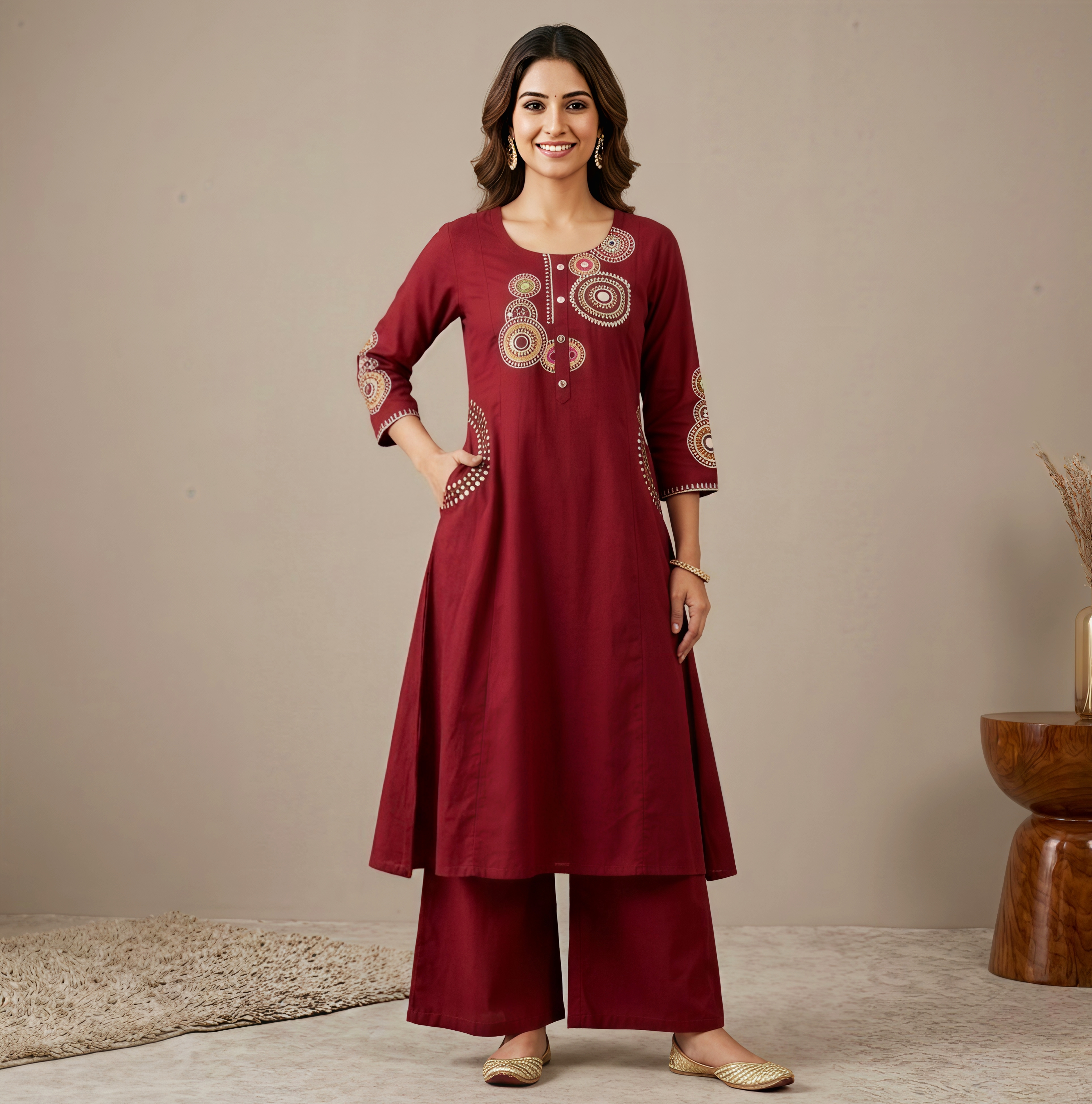 Maroon Mandala Embroidered Kurti Set with Pockets