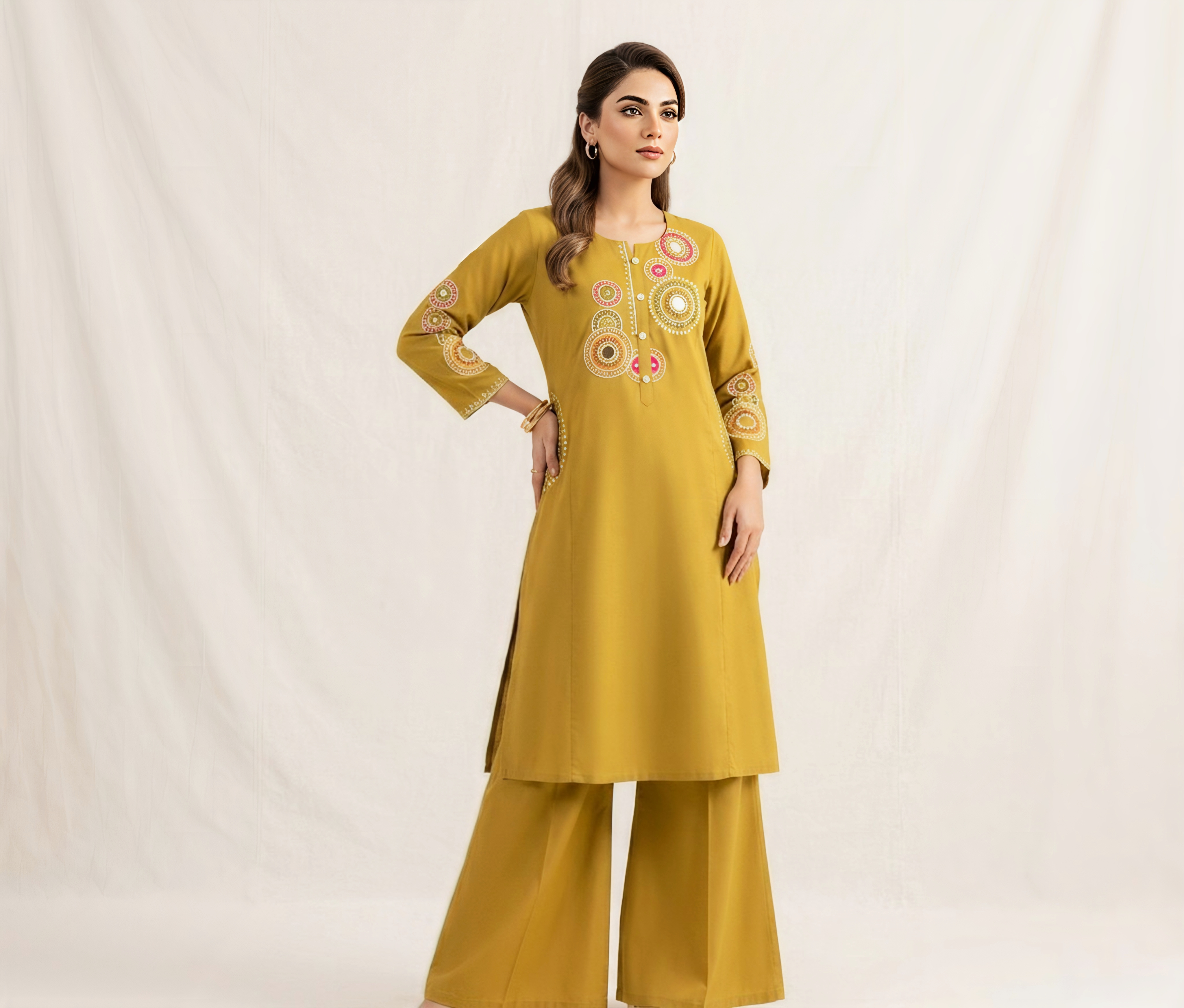 Mustard Yellow/Rust Embroidered A-Line Kurta with Palazzo Set