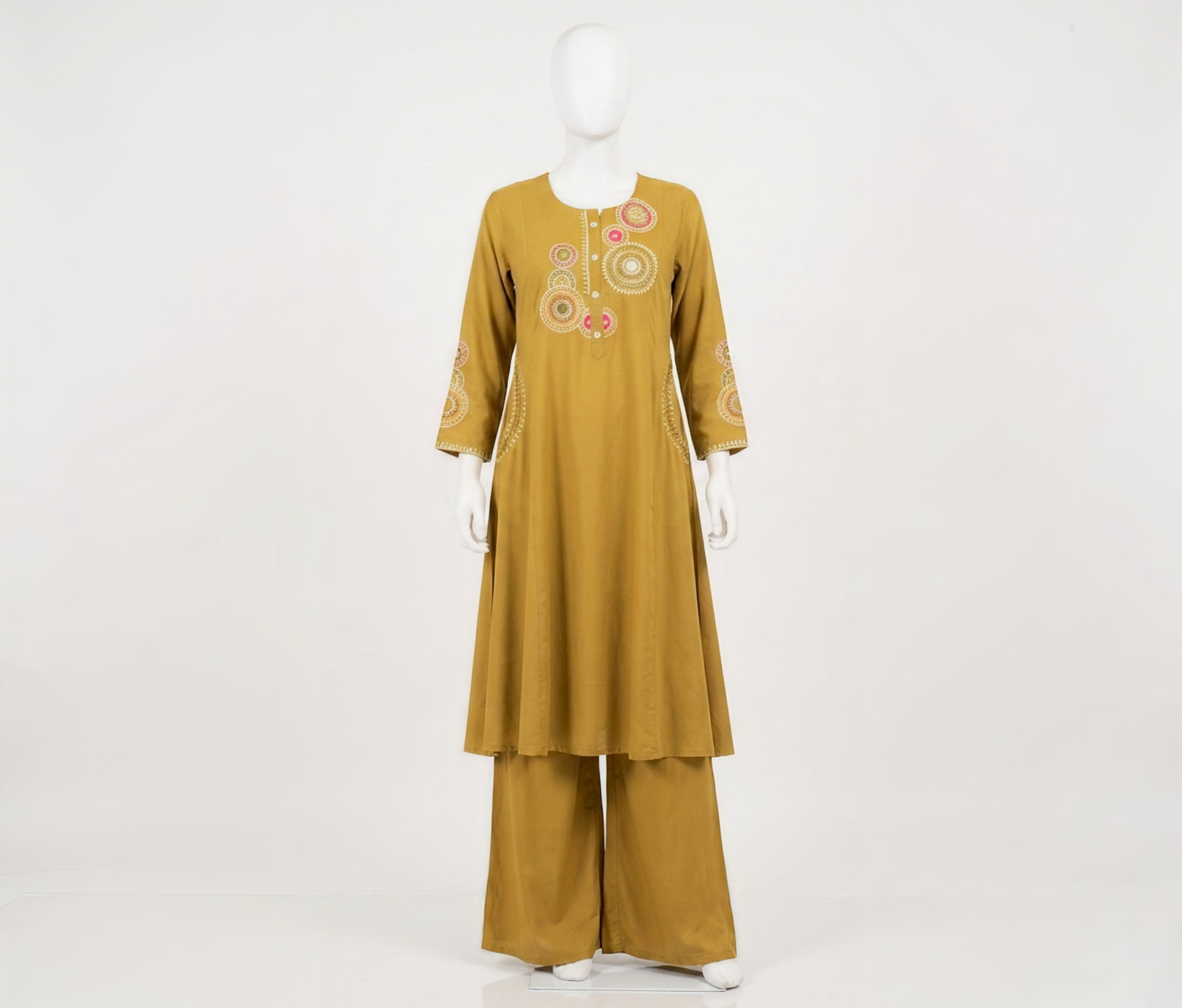 Mustard Yellow/Rust Embroidered A-Line Kurta with Palazzo Set