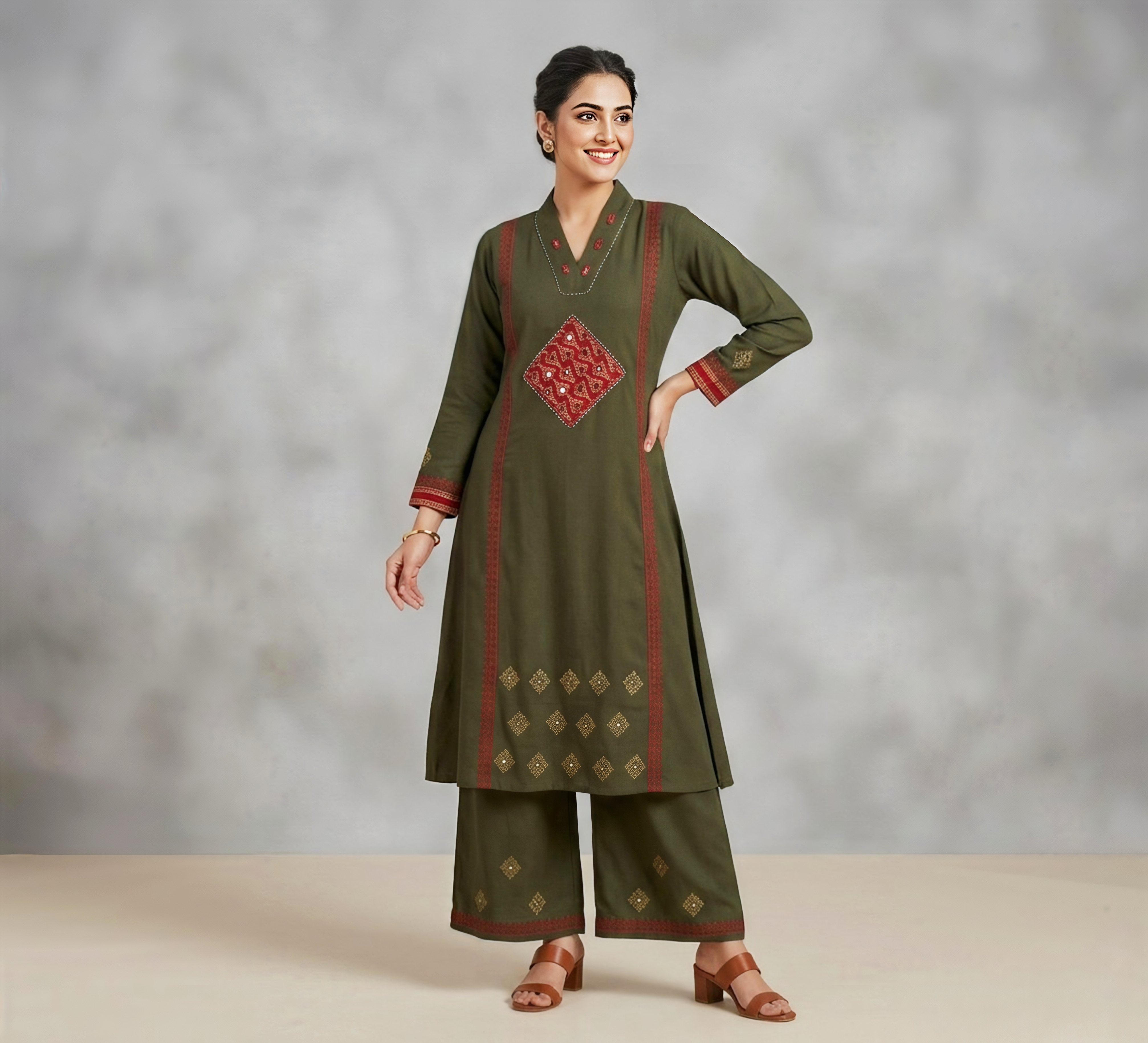 Women’s Olive Green Embroidered A-Line Kurta Set with Wide-Leg Palazzos