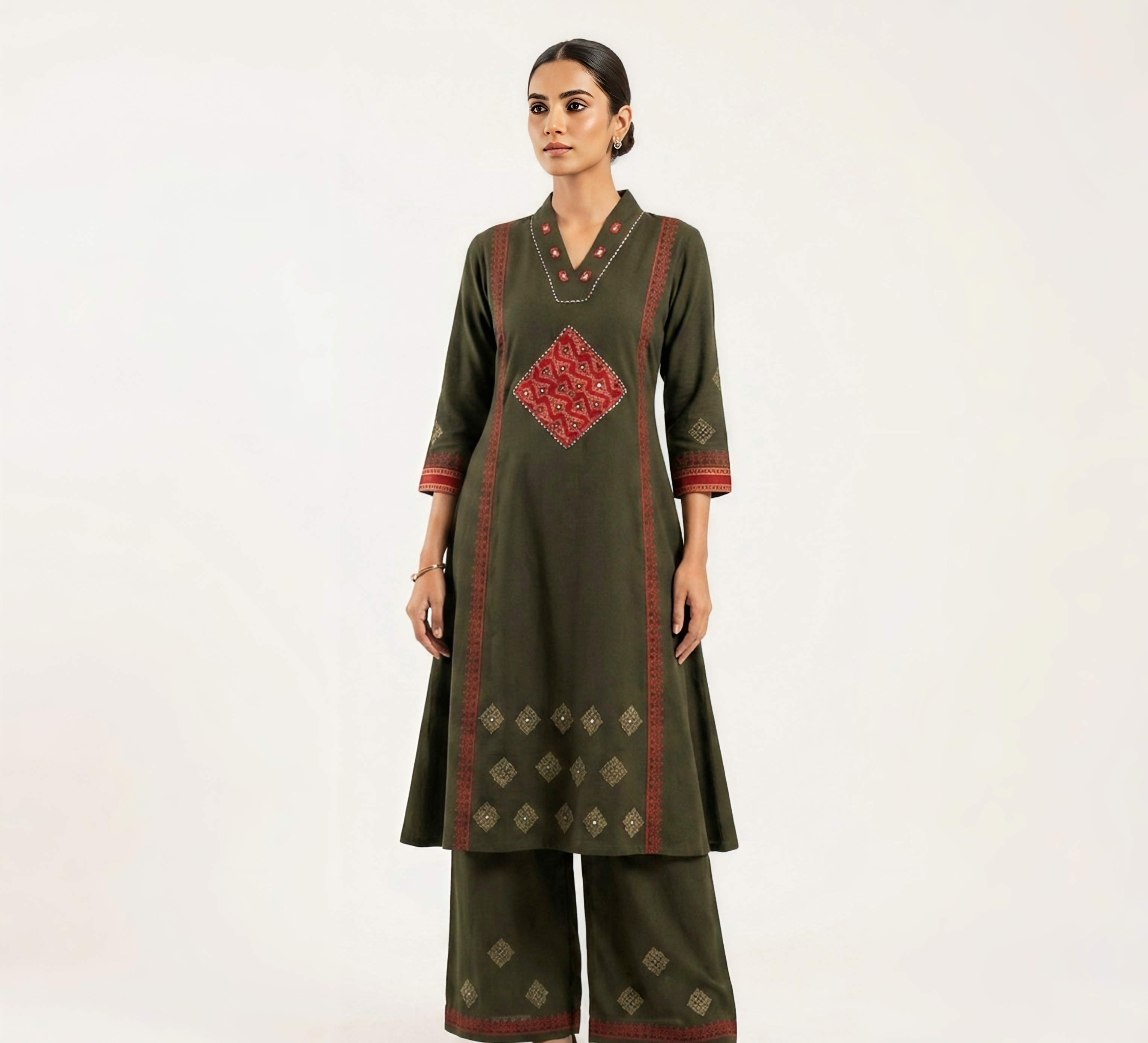 Women’s Olive Green Embroidered A-Line Kurta Set with Wide-Leg Palazzos