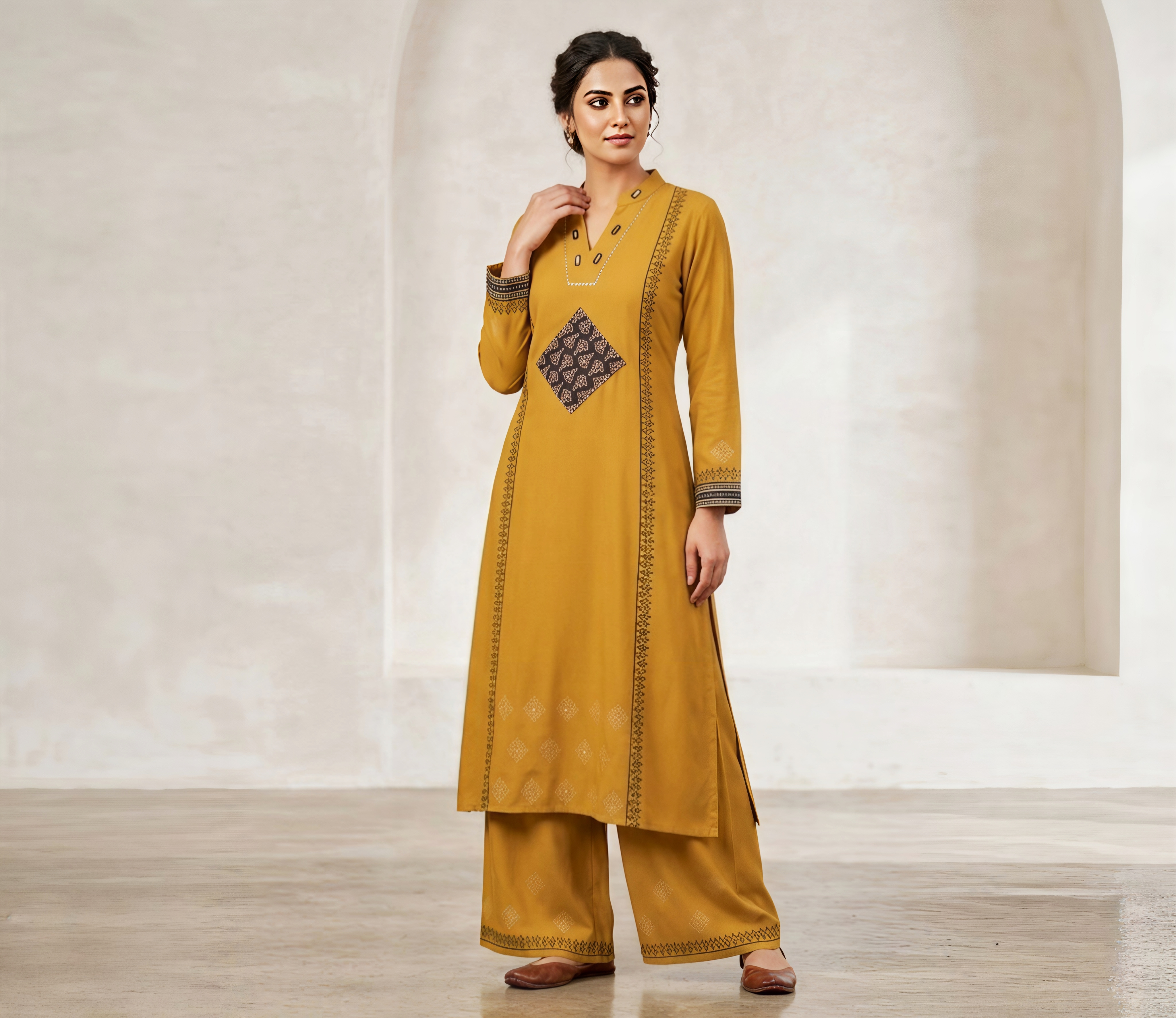 Elegant Mustard Yellow / Rust Printed A-Line Kurta with Wide-Leg Palazzos