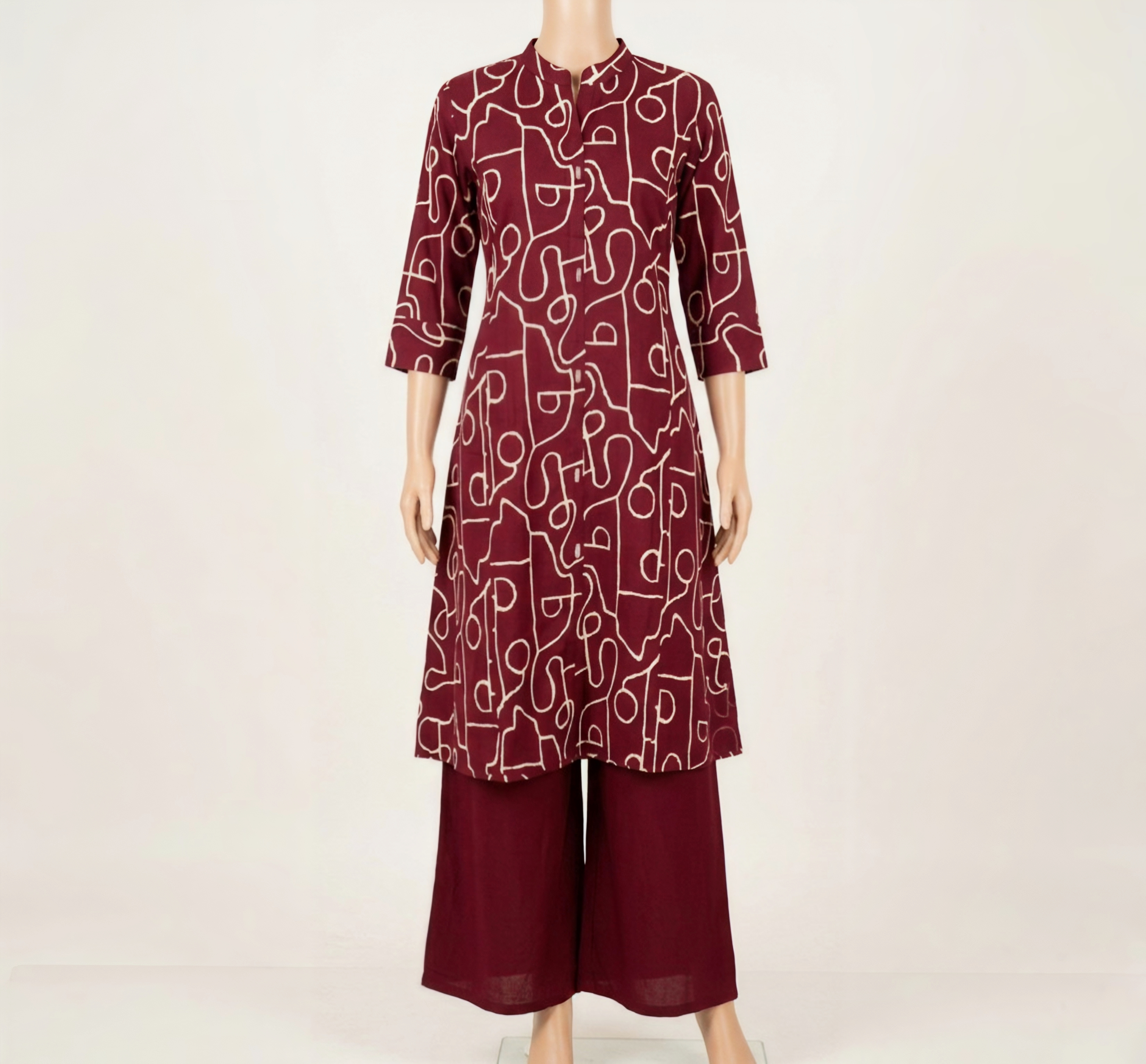 Deep Wine/Rani Cotton Co-ord Set: Graphic Print Kurta & Palazzo Ensemble