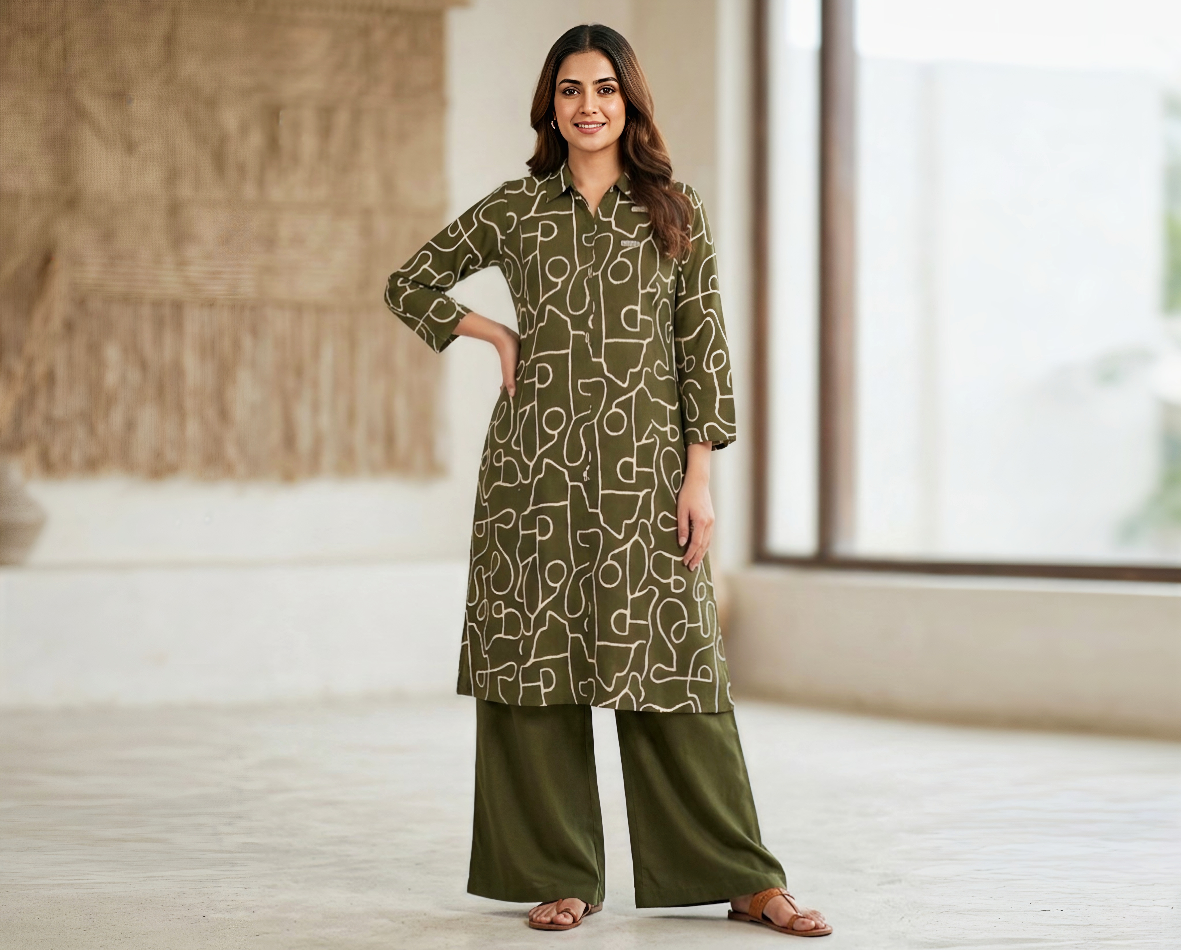 Olive Green Abstract Print Kurti with Matching Palazzo Set