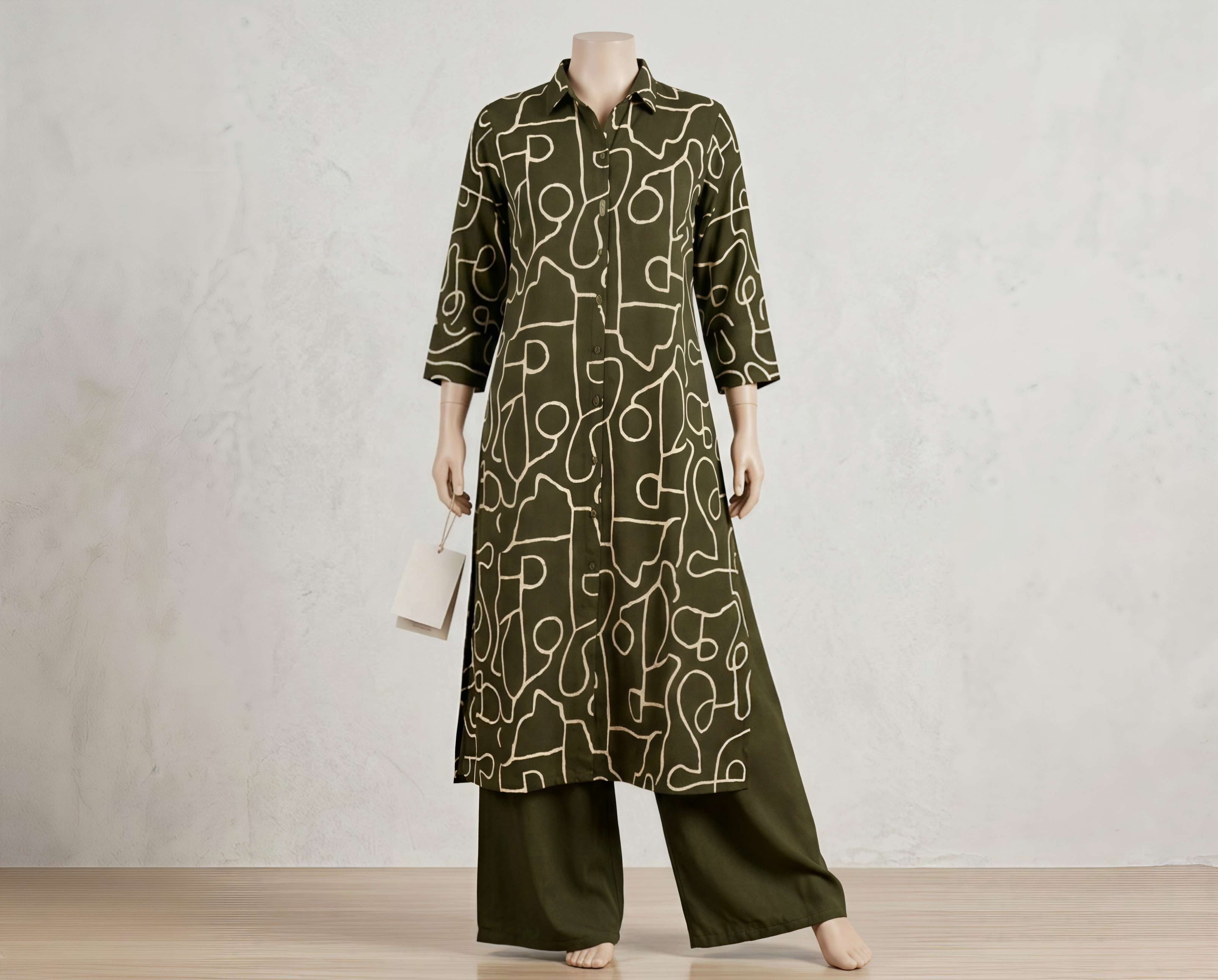 Olive Green Abstract Print Kurti with Matching Palazzo Set