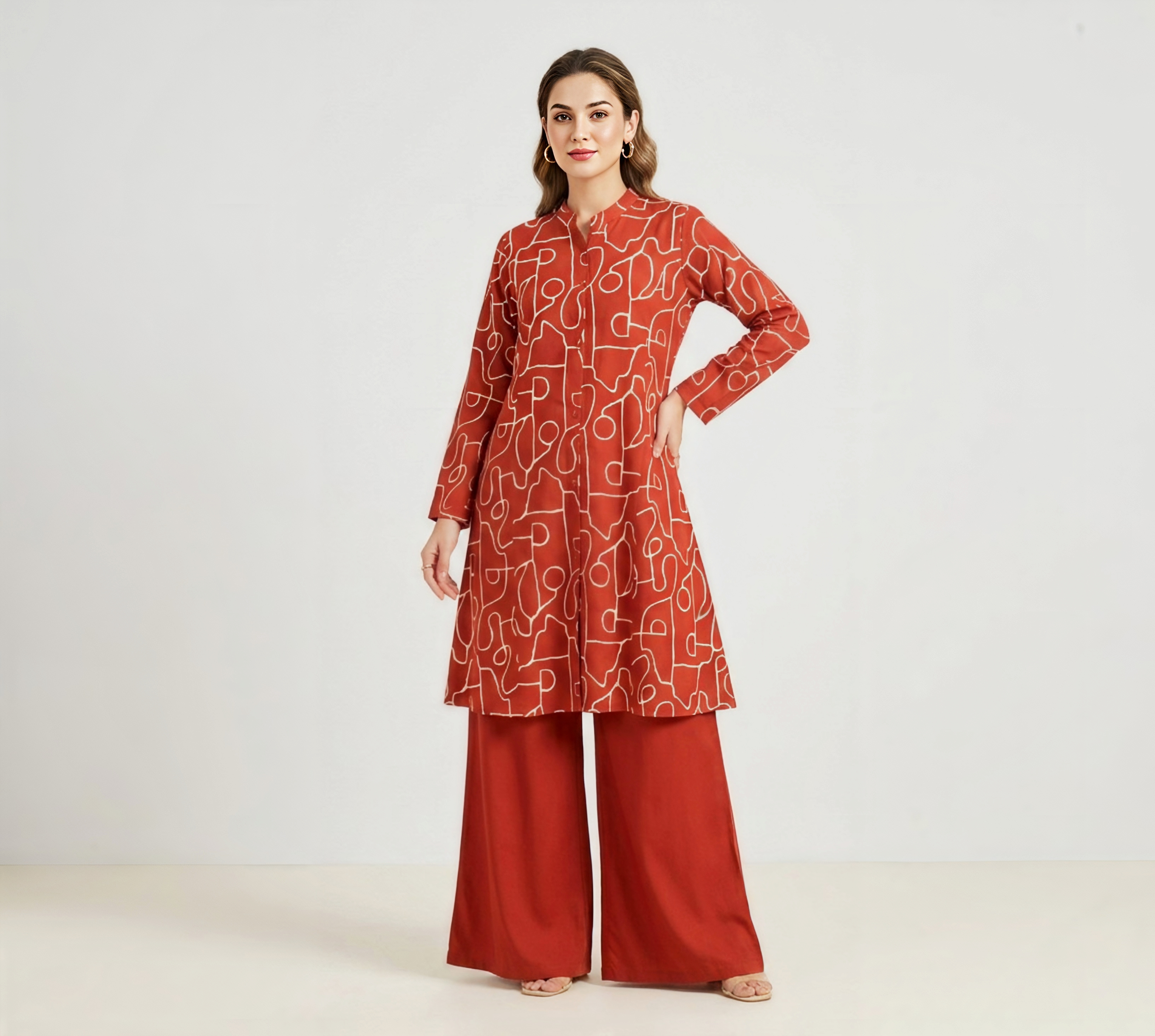 Terracotta/ Fanta Orange Printed A-Line Tunic with Wide-Leg Palazzo Pants – 2 Piece Set