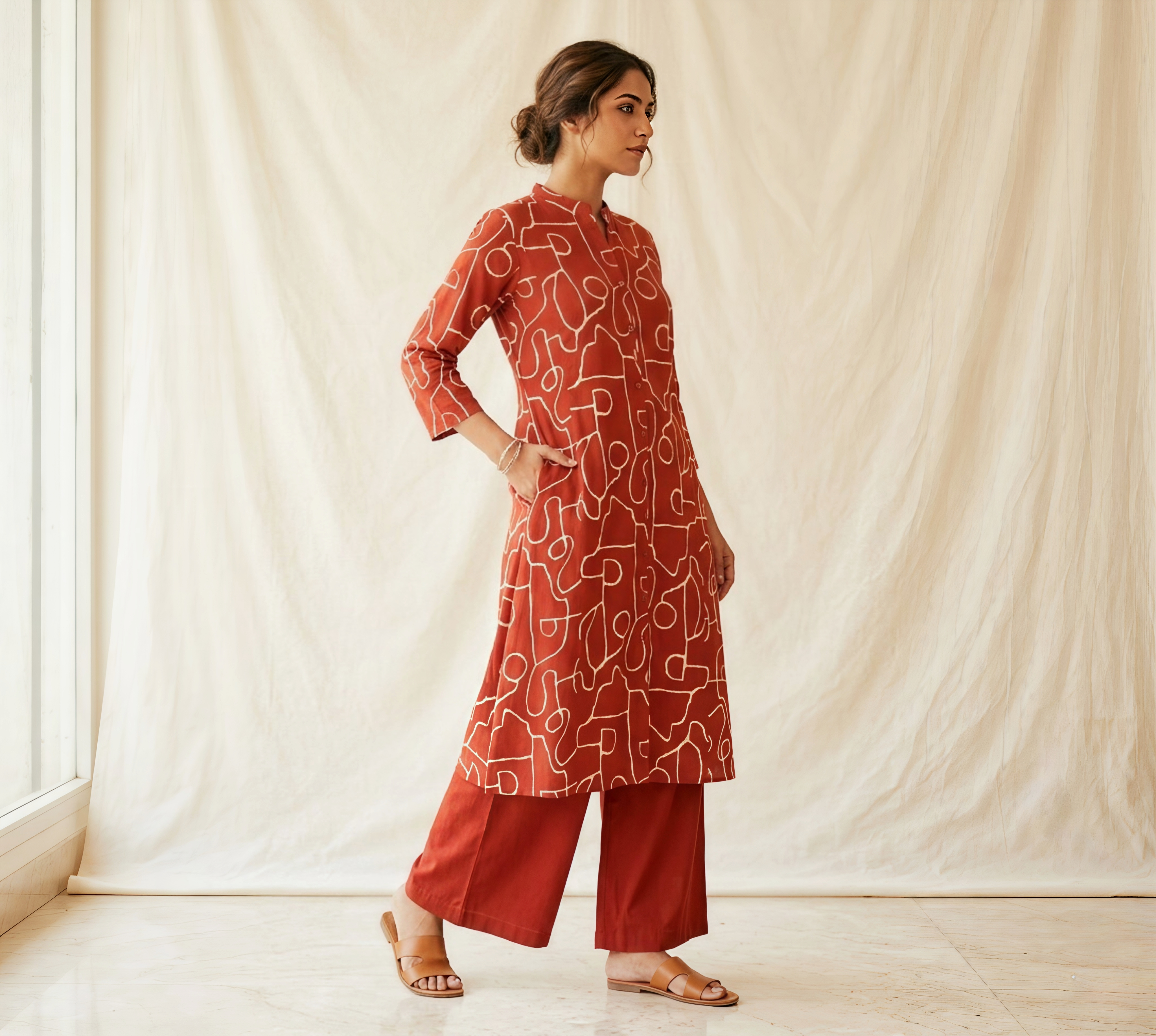 Terracotta/ Fanta Orange Printed A-Line Tunic with Wide-Leg Palazzo Pants – 2 Piece Set