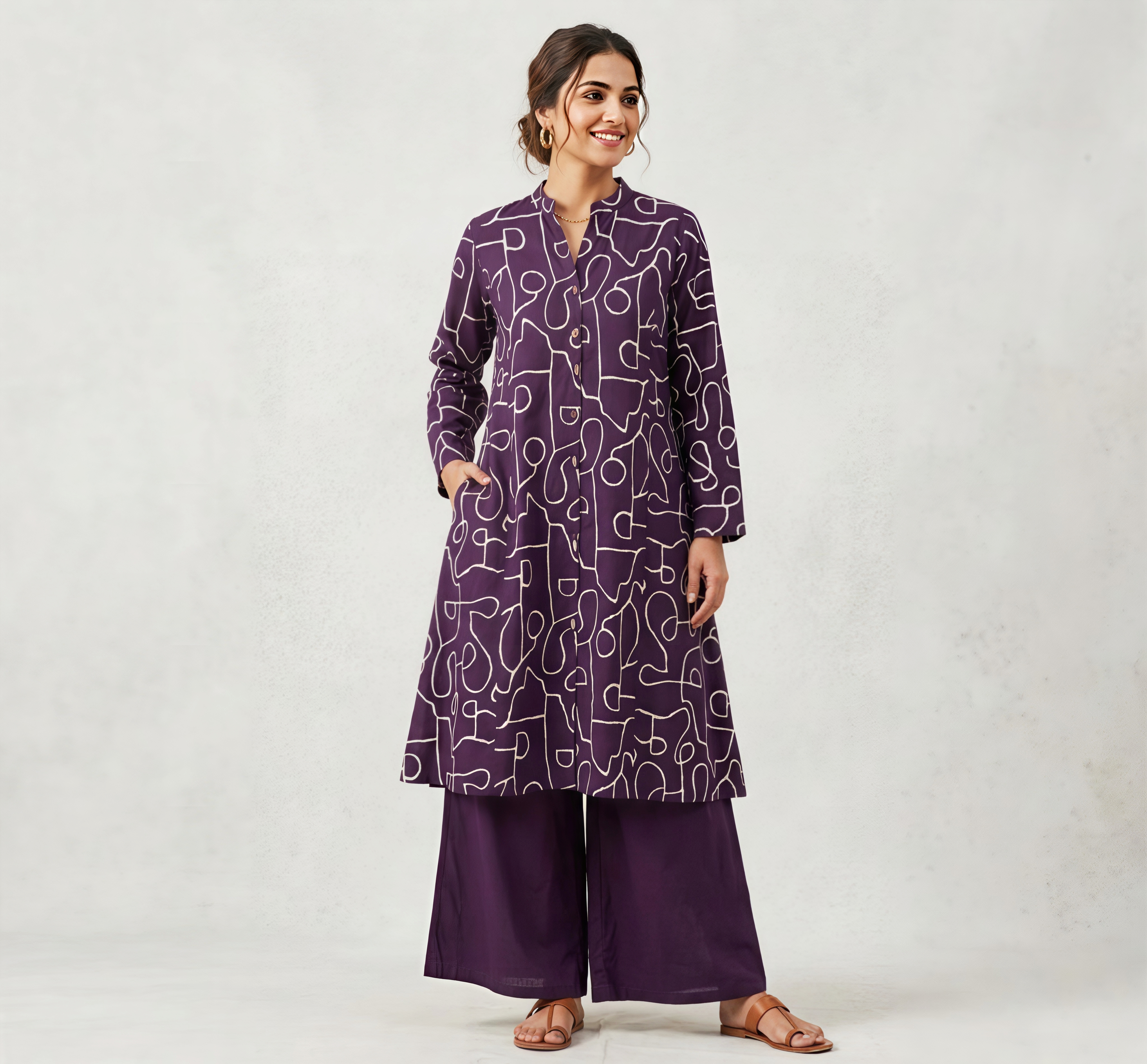 Deep Purple Abstract Print A-Line Kurti with Wide-Leg Palazzo Set – 2 Piece Ethnic Wear