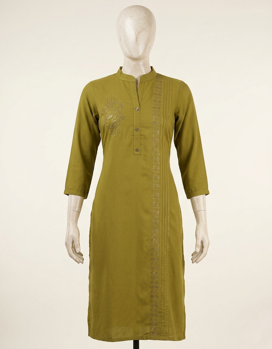 Women's Olive Green Stretchable Kurta with Asymmetric Embroidery & Pintuck Detailing