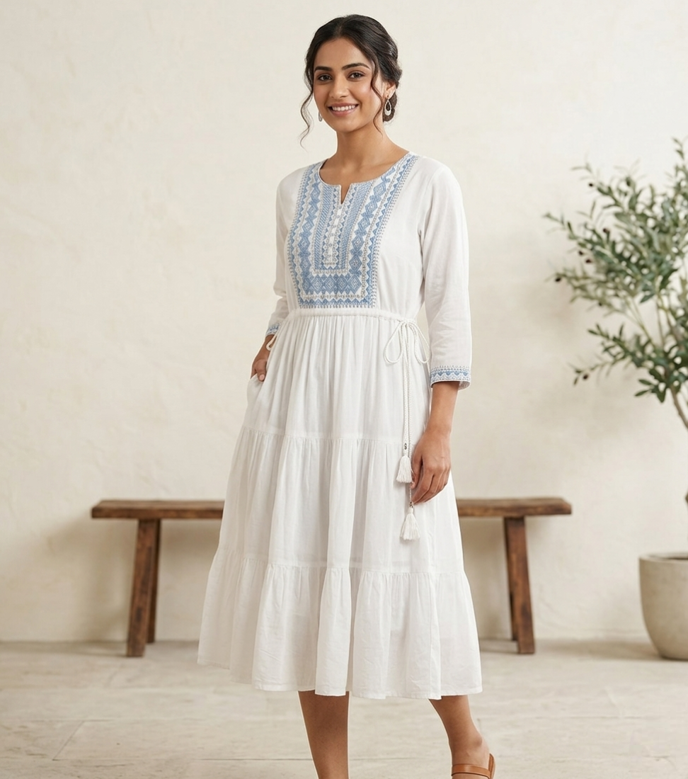 Women's White Cotton Tiered Kurti with Blue Geometric Embroidery and Tassel Drawstring