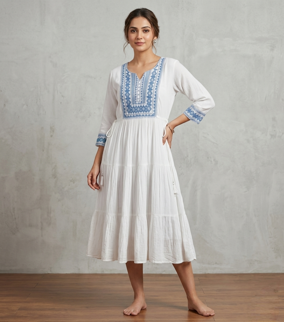 Women's White Cotton Tiered Kurti with Blue Geometric Embroidery and Tassel Drawstring