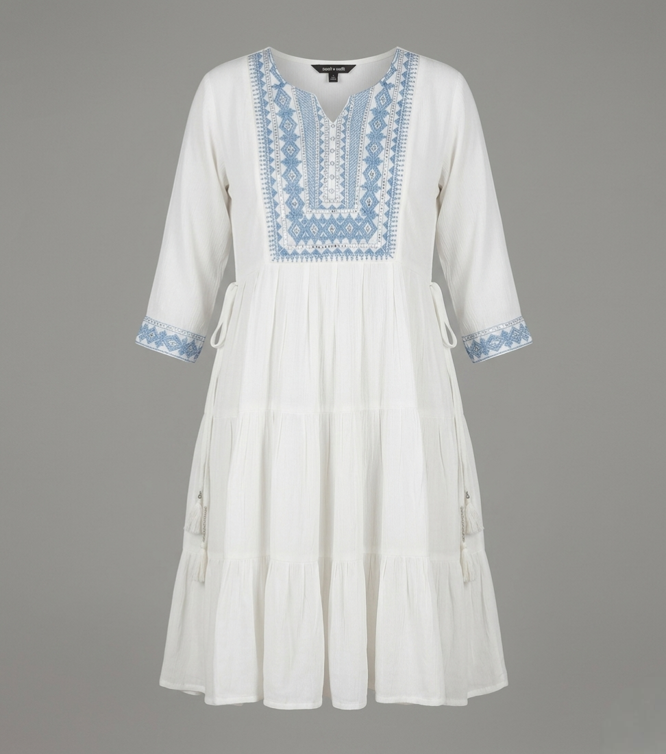 Women's White Cotton Tiered Kurti with Blue Geometric Embroidery and Tassel Drawstring