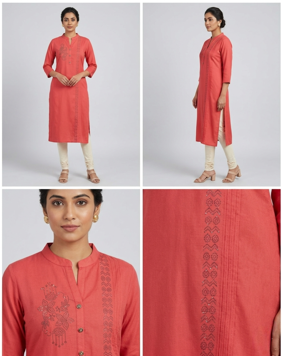 Women’s Coral Pink Stretchable  Kurti with Vertical Pintuck & Floral Embroidery