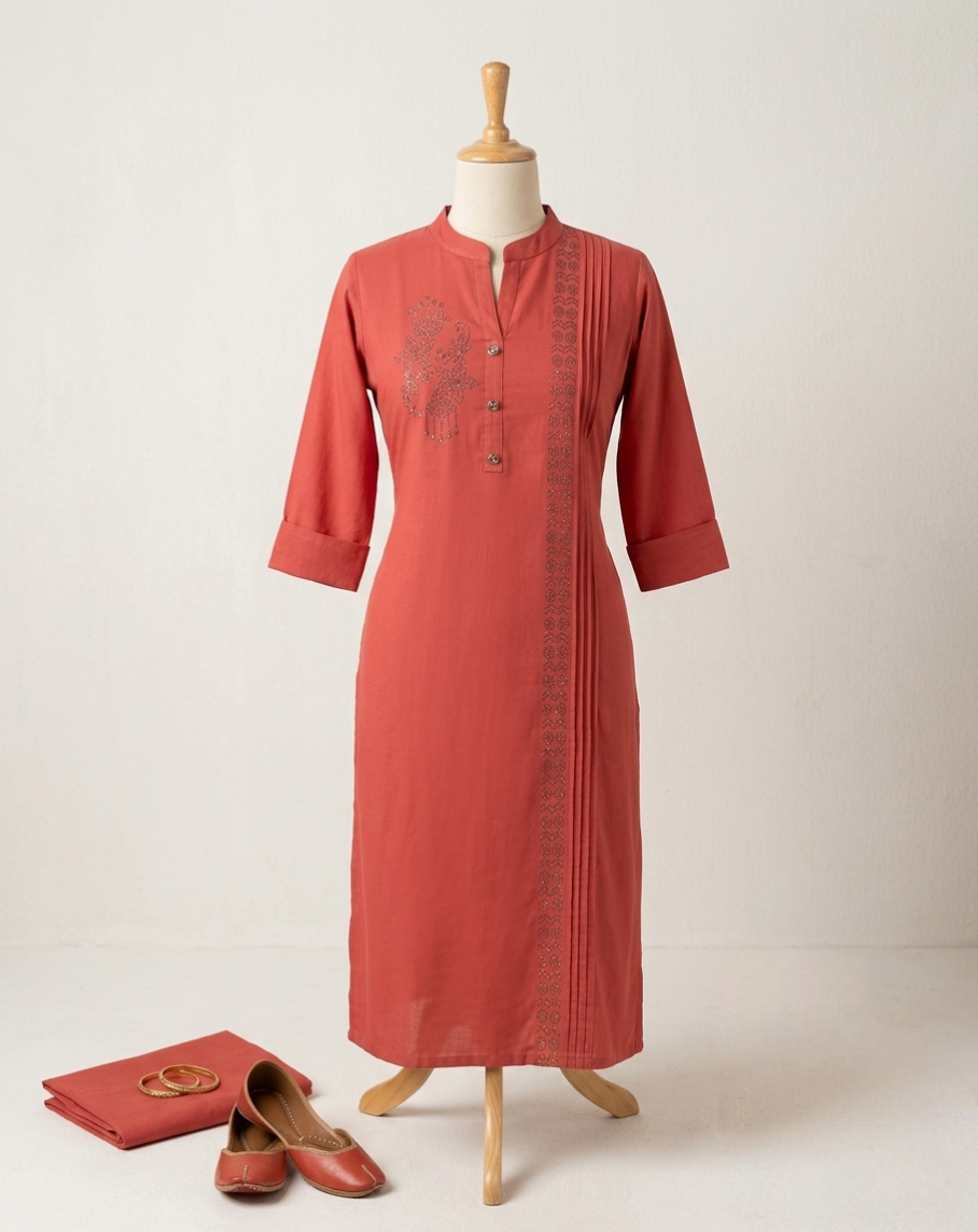 Women’s Coral Pink Stretchable  Kurti with Vertical Pintuck & Floral Embroidery