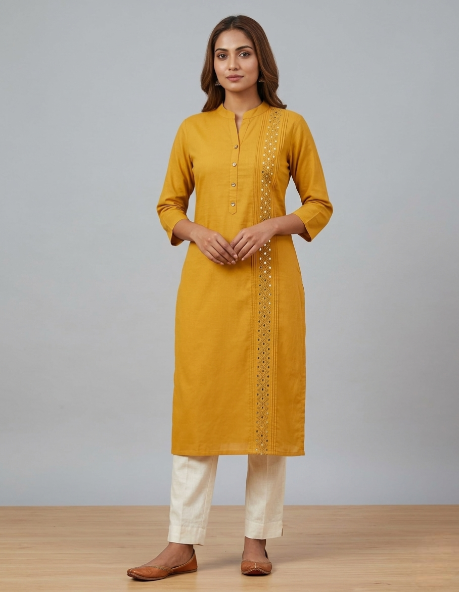 Mustard Yellow Stretchable Solid Straight Kurti with Mirror Work & Pleated Detail