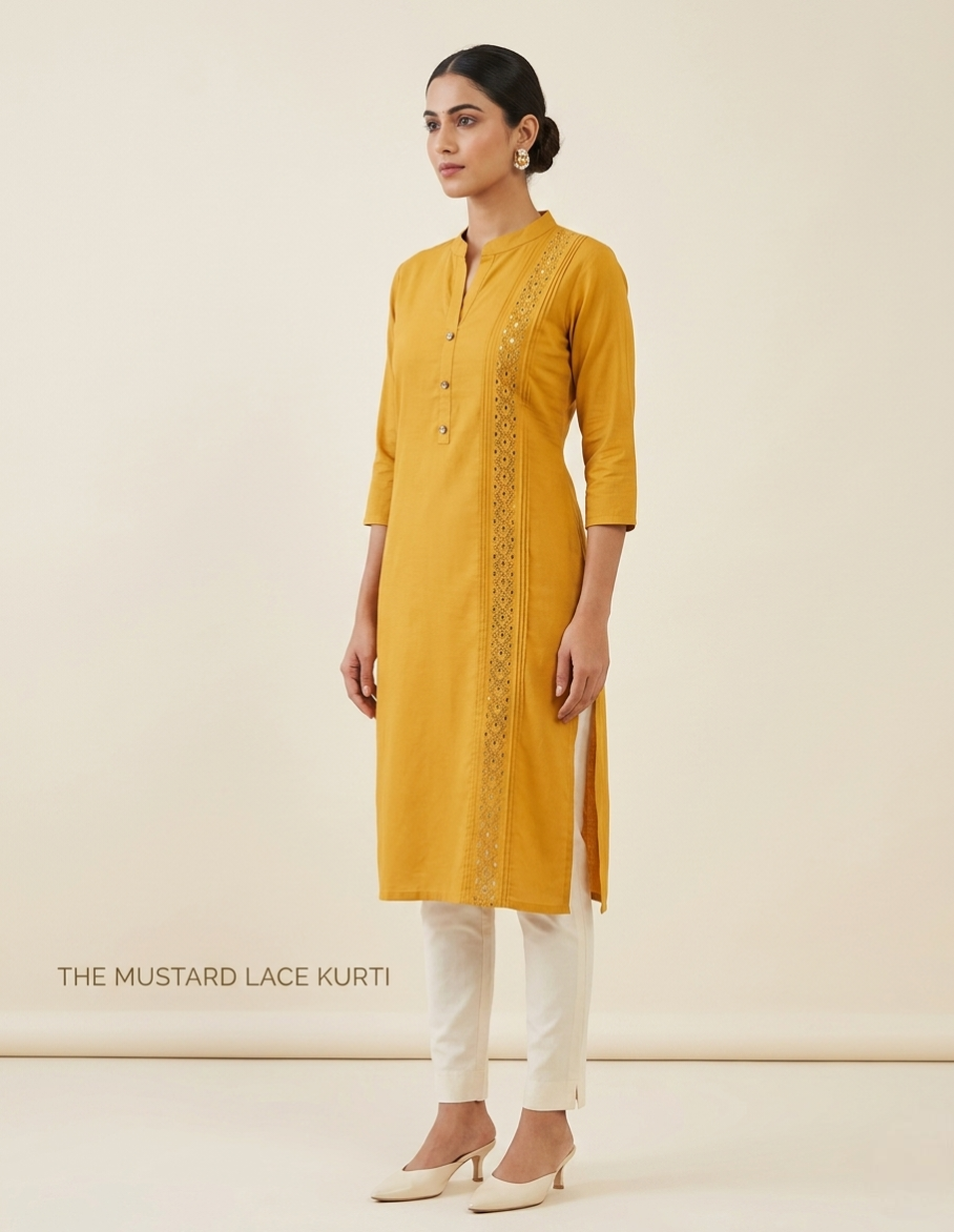 Mustard Yellow Stretchable Solid Straight Kurti with Mirror Work & Pleated Detail