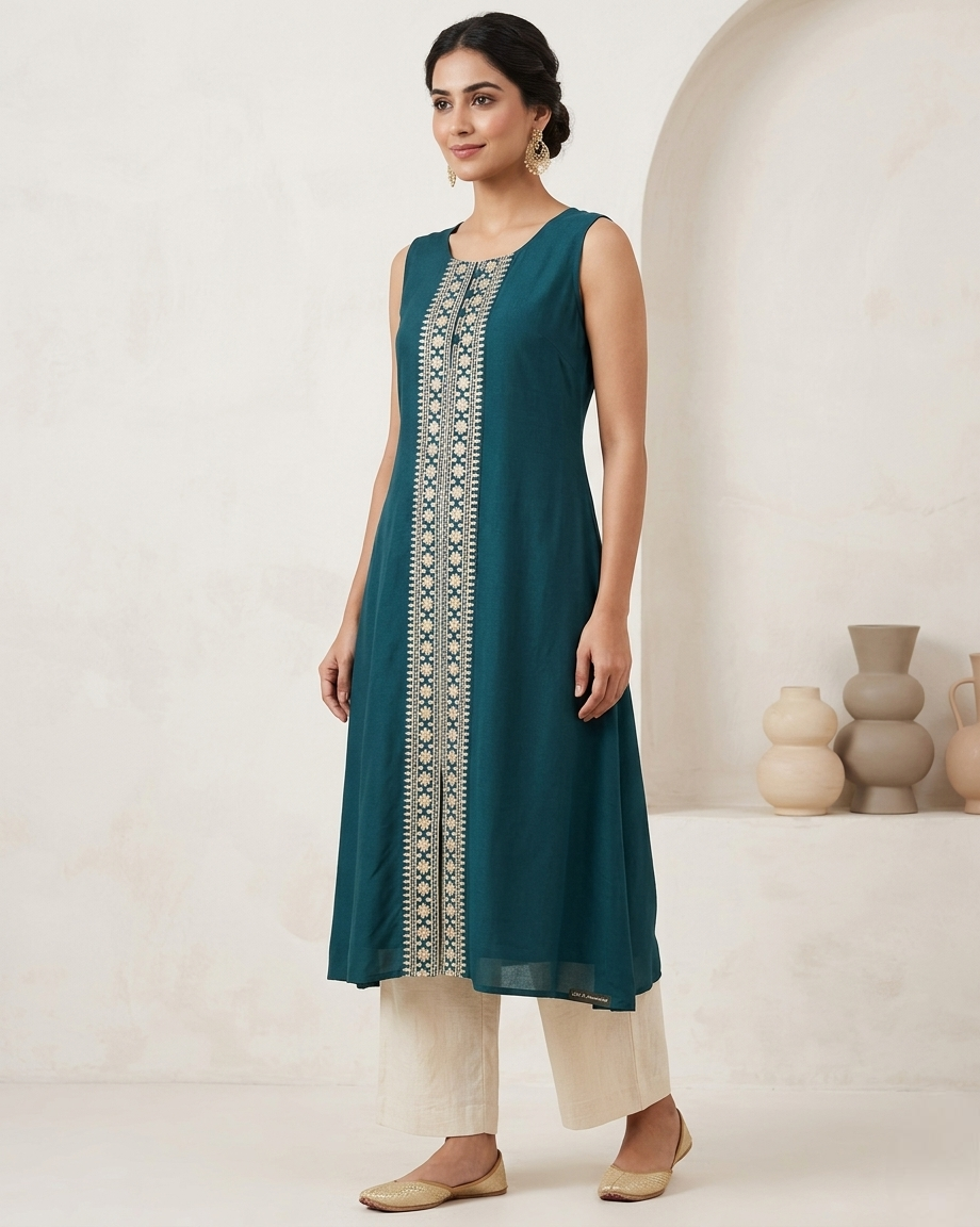Teal Sleeveless (Optional Sleev Included) Kurti with Intricate Embroidered Front Panel