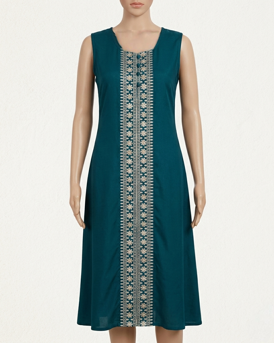 Teal Sleeveless (Optional Sleev Included) Kurti with Intricate Embroidered Front Panel