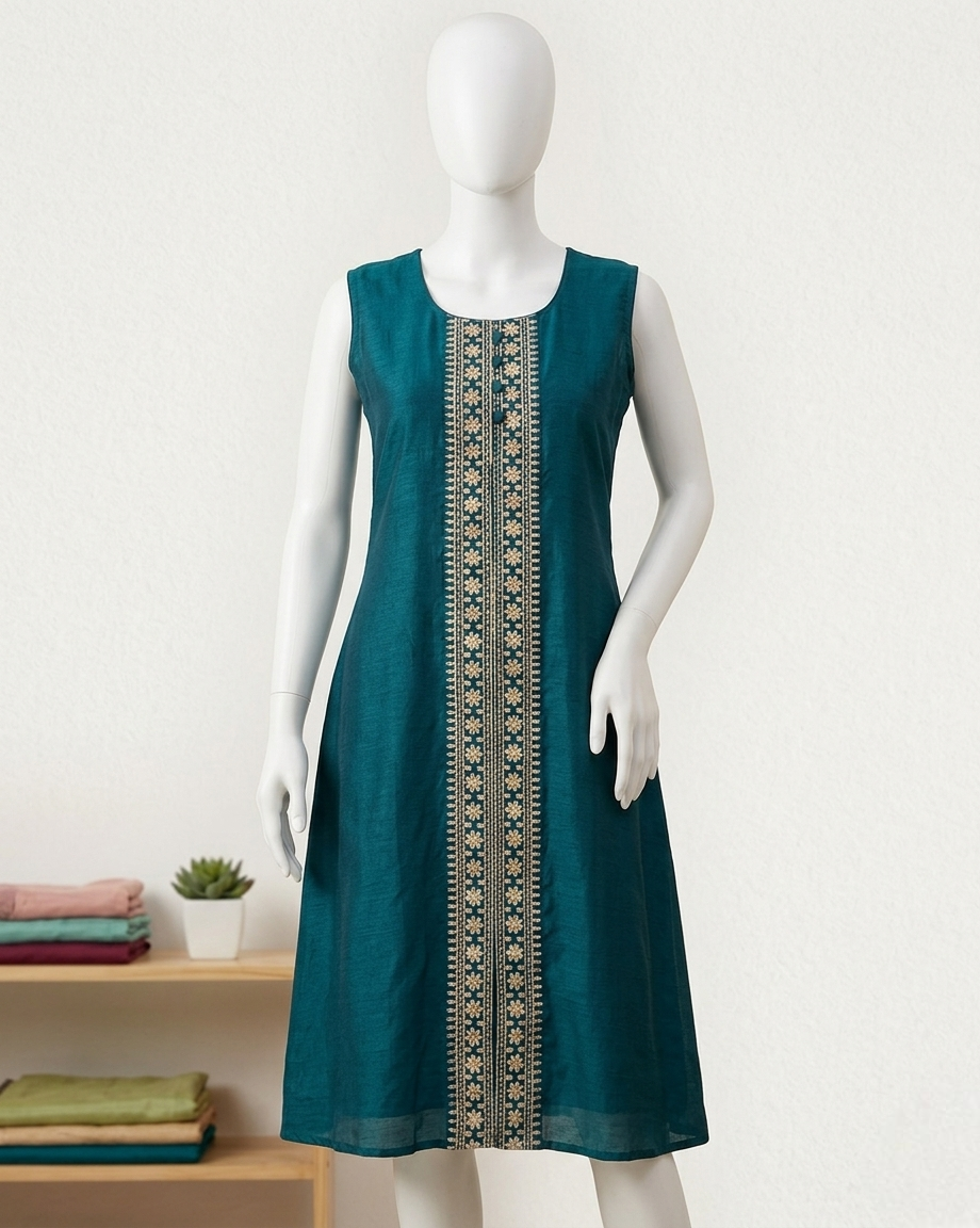 Teal Sleeveless (Optional Sleev Included) Kurti with Intricate Embroidered Front Panel