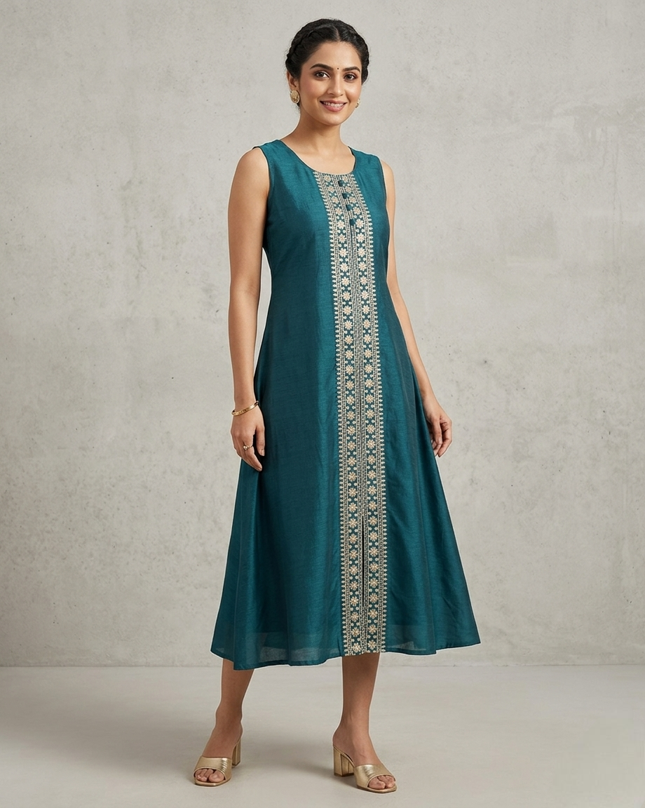 Teal Sleeveless (Optional Sleev Included) Kurti with Intricate Embroidered Front Panel