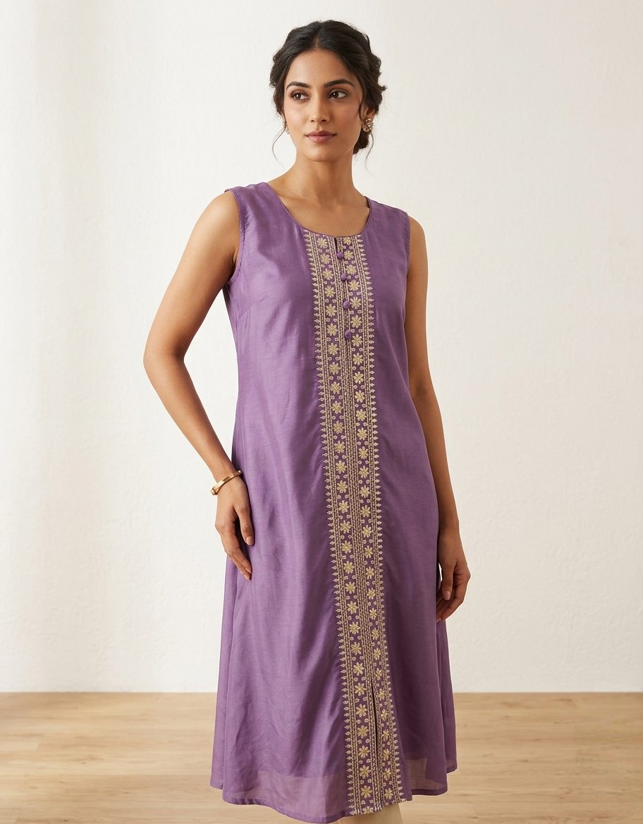 Mauve Chanderi Silk Sleeveless (Optional Sleev) Kurti with Gold Floral Zari Embroidery
