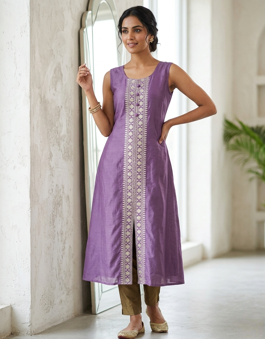 Mauve Chanderi Silk Sleeveless (Optional Sleev) Kurti with Gold Floral Zari Embroidery
