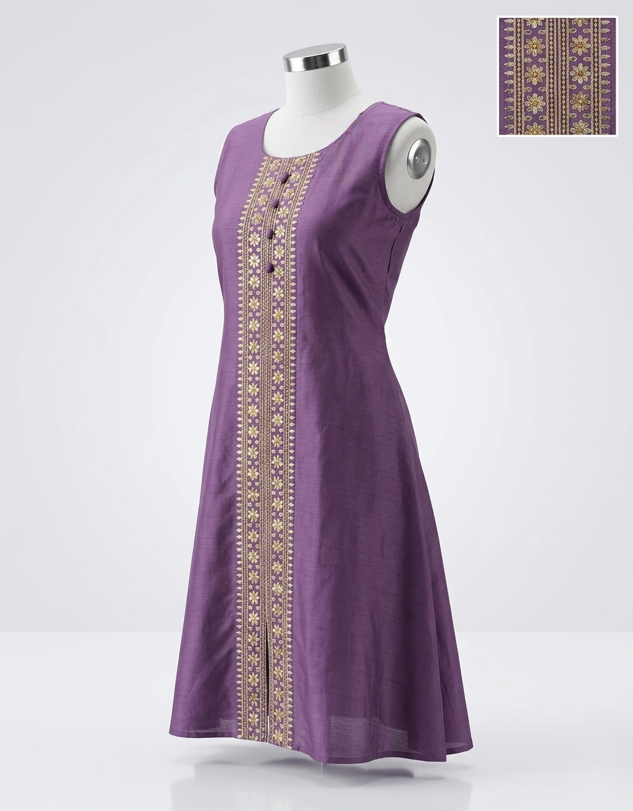 Mauve Chanderi Silk Sleeveless (Optional Sleev) Kurti with Gold Floral Zari Embroidery