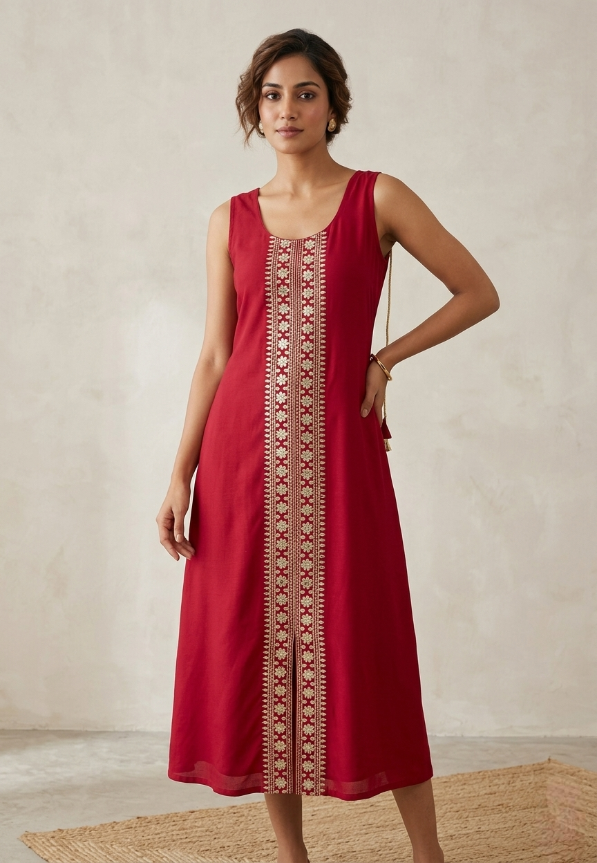 Deep Red Sleeveless Ethnic Kurti with Center Slit and Floral Embroidery - Extra Sleeves Included