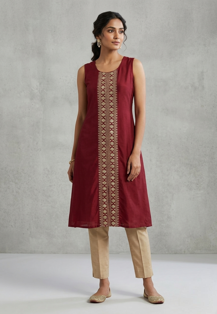 Deep Red Sleeveless Ethnic Kurti with Center Slit and Floral Embroidery - Extra Sleeves Included