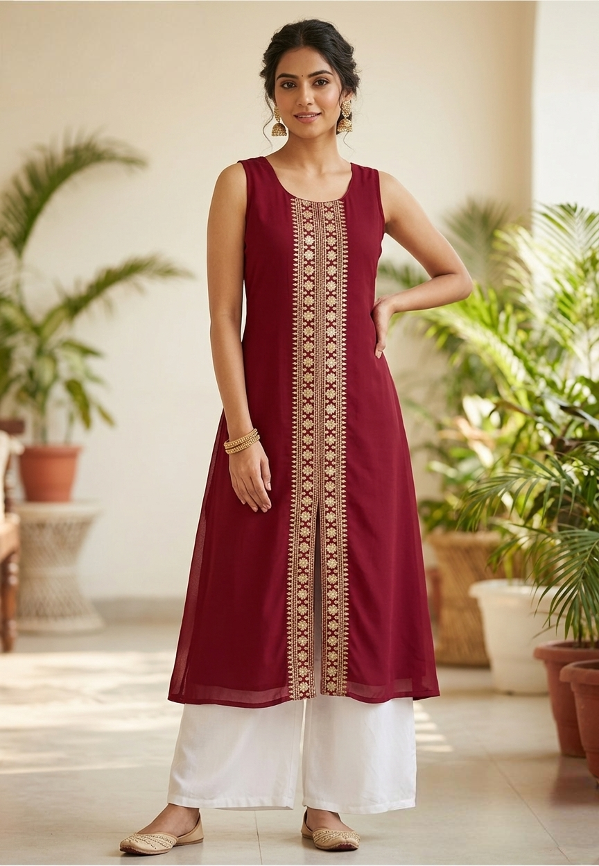 Deep Red Sleeveless Ethnic Kurti with Center Slit and Floral Embroidery - Extra Sleeves Included