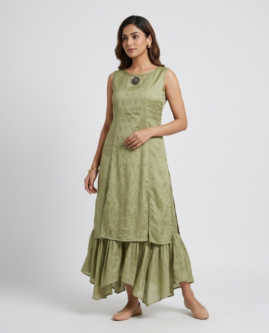 Sage Green Sleeveless Layered Kurta Set with Ruffled Sharara Hem and Medallion Detail