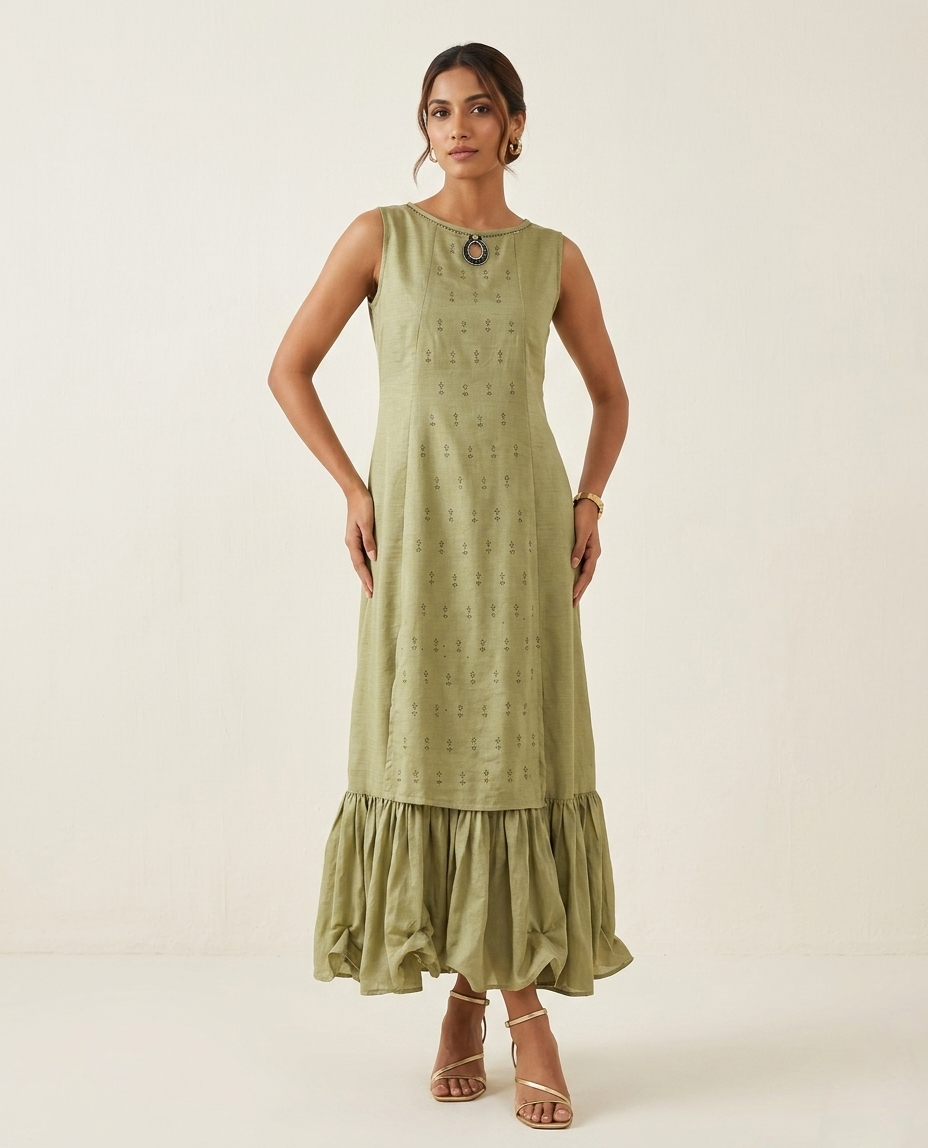 Sage Green Sleeveless Layered Kurta Set with Ruffled Sharara Hem and Medallion Detail