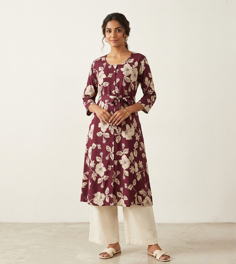 Women’s Maroon Floral Print Rayon A-Line Kurti with 3/4 Sleeves and Round Neck