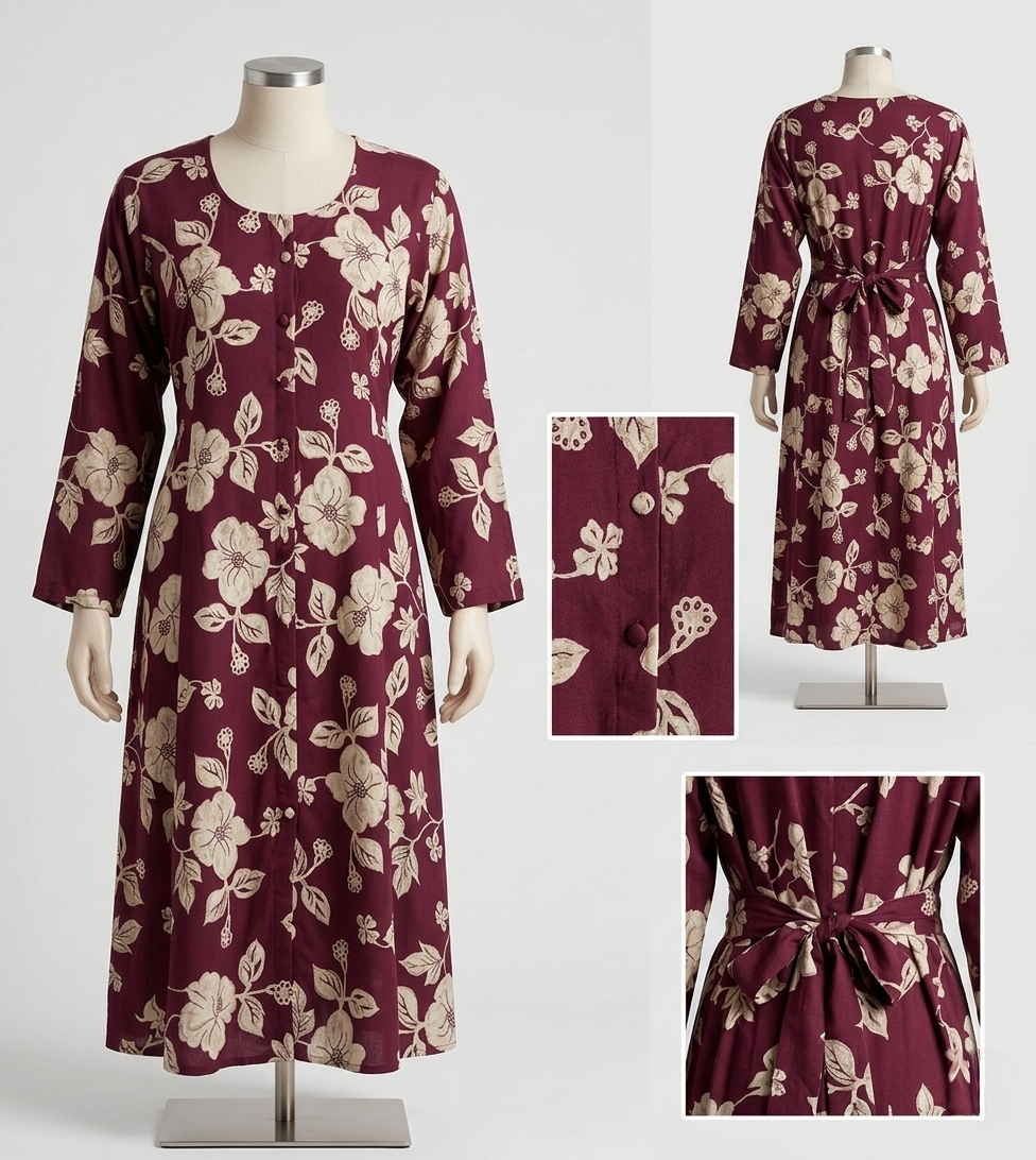 Women’s Maroon Floral Print Rayon A-Line Kurti with 3/4 Sleeves and Round Neck