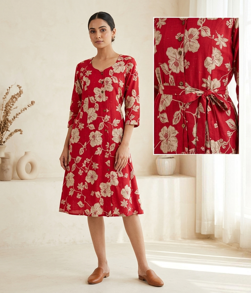 Women's Red Floral Print Cotton A-Line Kurti with Front Buttons