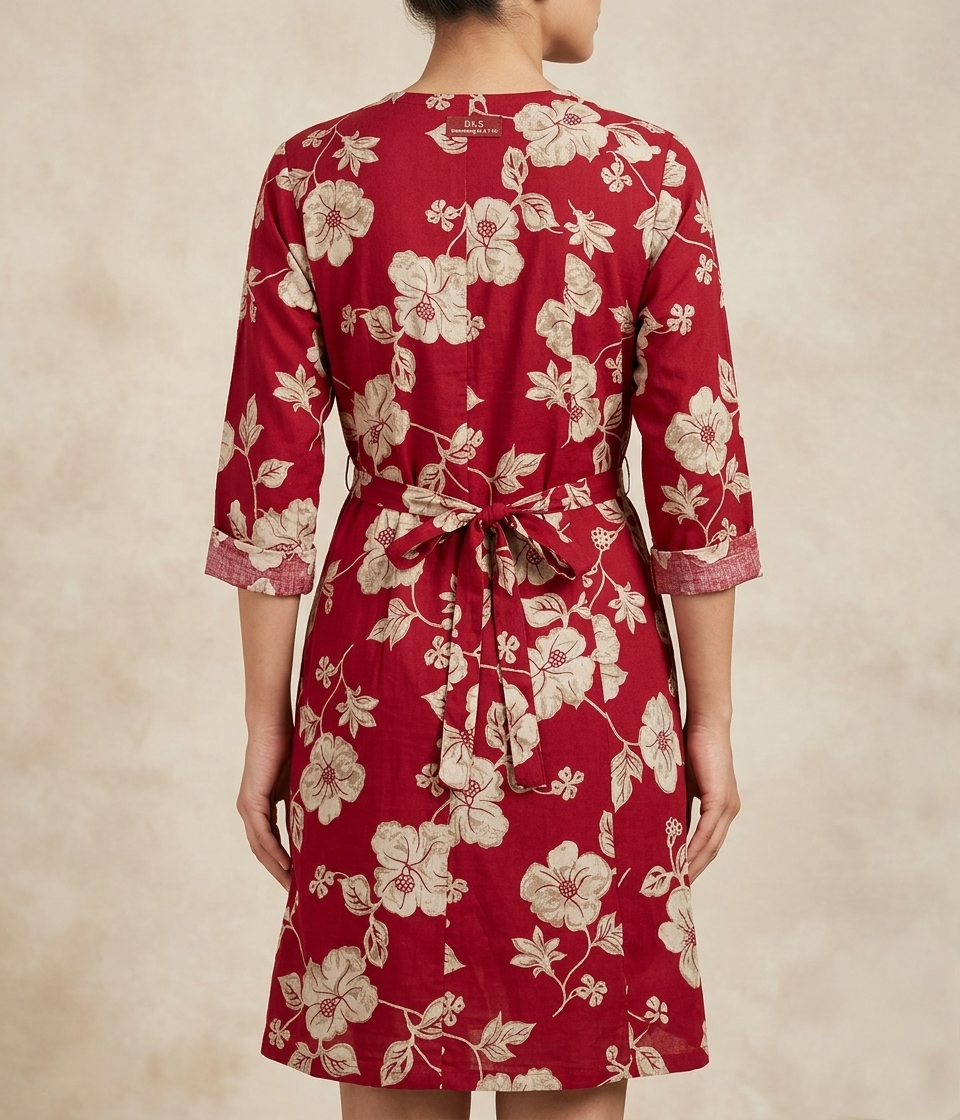 Women's Red Floral Print Cotton A-Line Kurti with Front Buttons