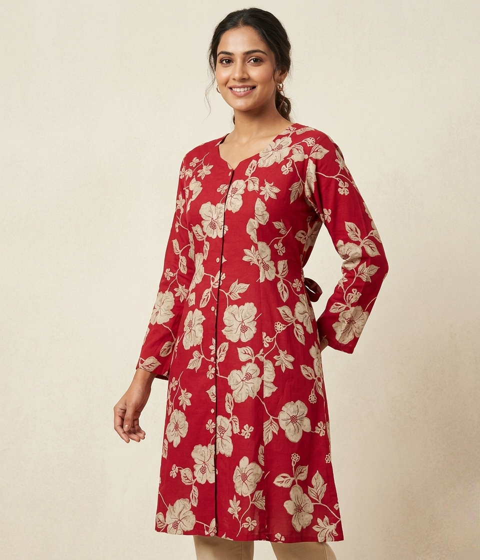 Women's Red Floral Print Cotton A-Line Kurti with Front Buttons
