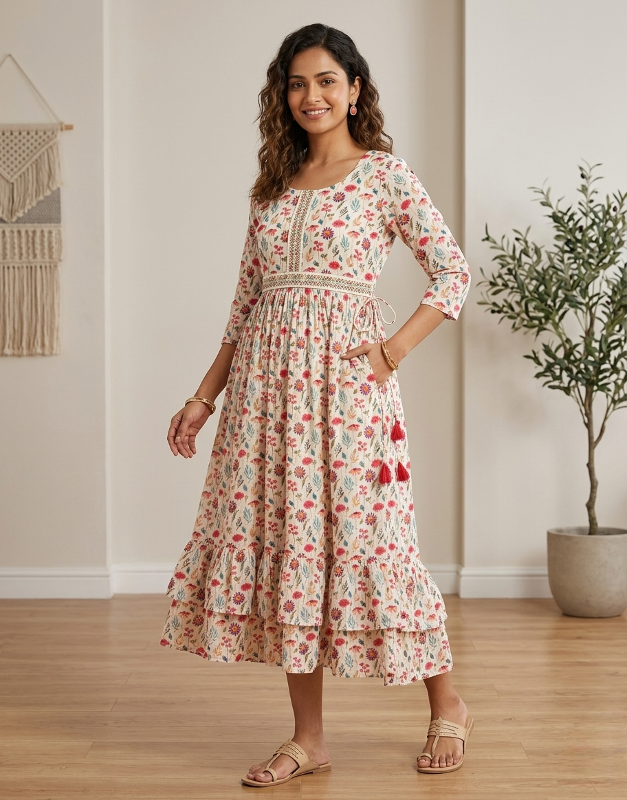 Women's Off-White Floral Print Cotton Anarkali Kurti with Tiered Hem and Tassel Details