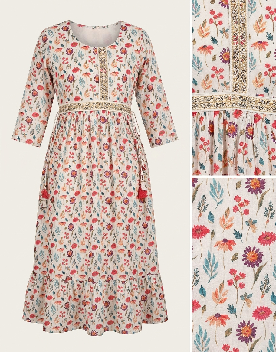 Women's Off-White Floral Print Cotton Anarkali Kurti with Tiered Hem and Tassel Details