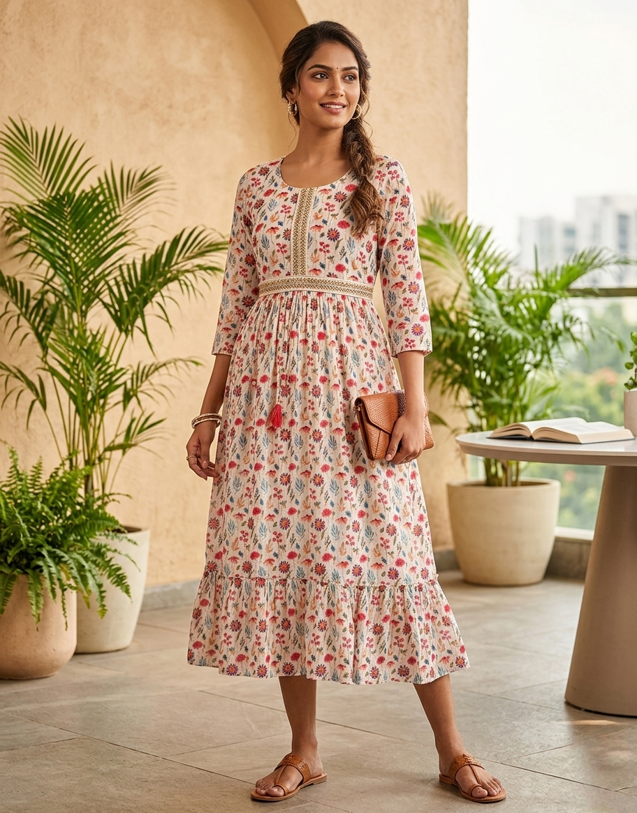 Women's Off-White Floral Print Cotton Anarkali Kurti with Tiered Hem and Tassel Details
