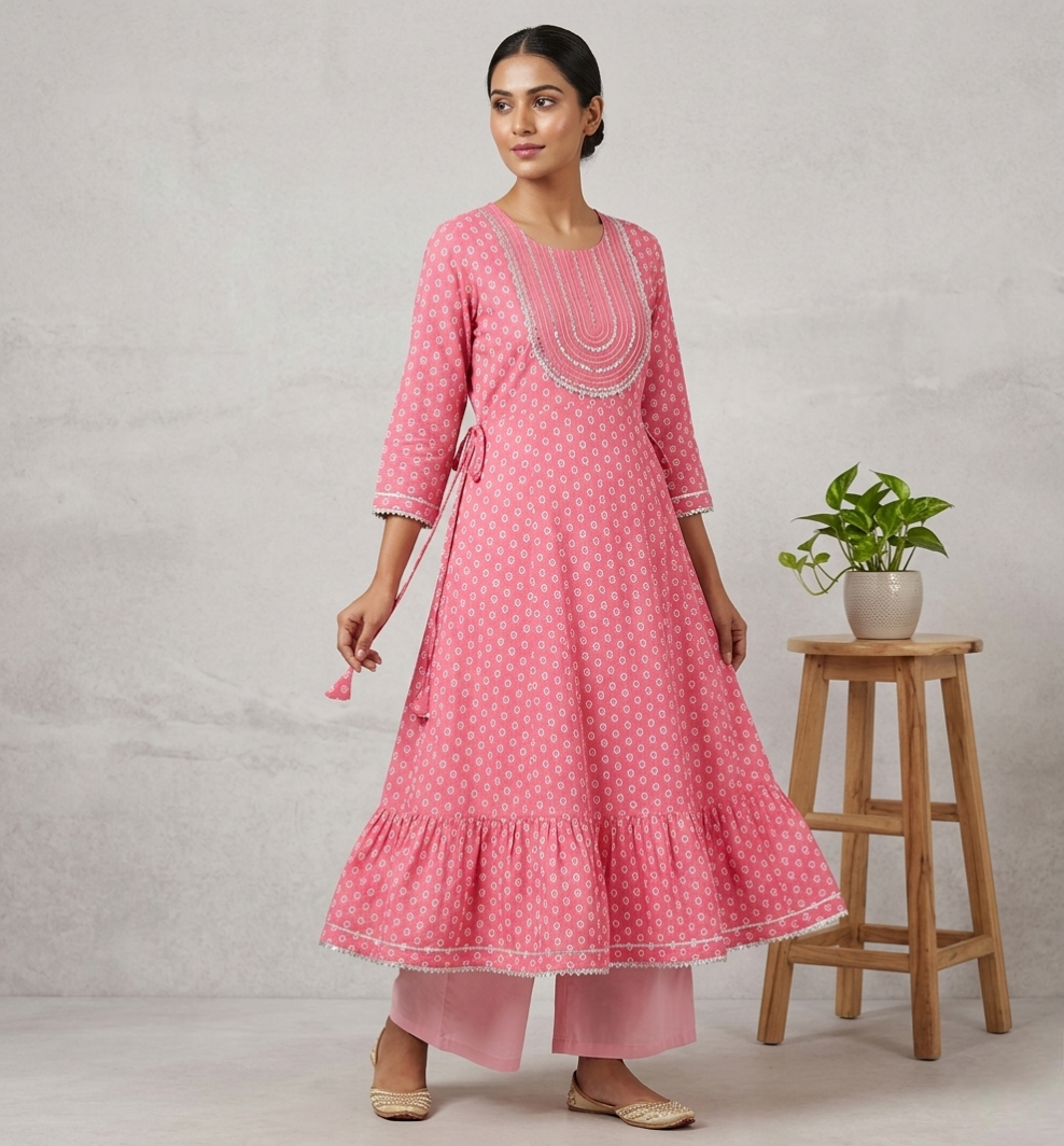 Pink Bandhani Print A-Line Cotton Kurti with Embroidered Yoke and Ruffle Hem